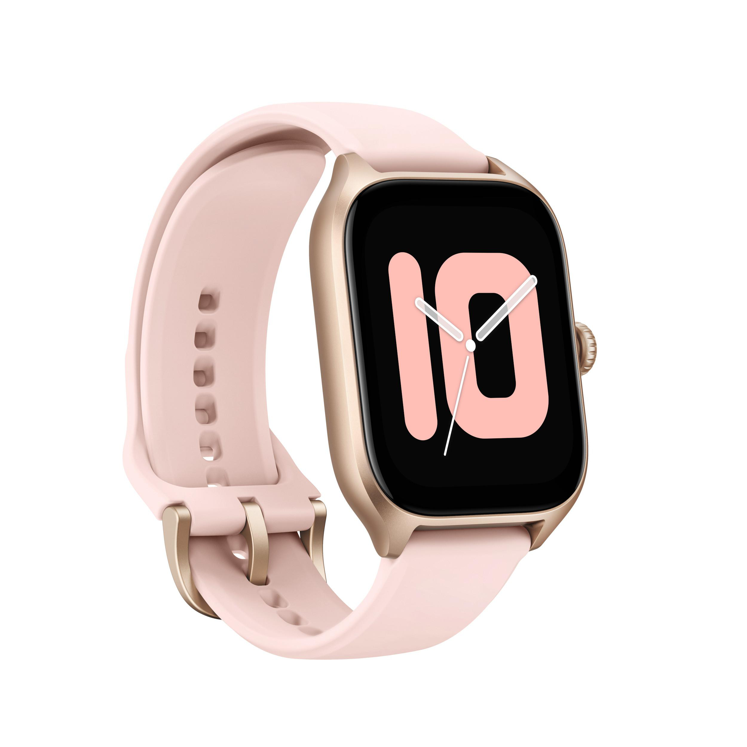 Rosafarbene Smartwatch mit goldenem Gehäuse und schwarzem Bildschirm mit der Zahl 10. Rosa Armband befestigt.