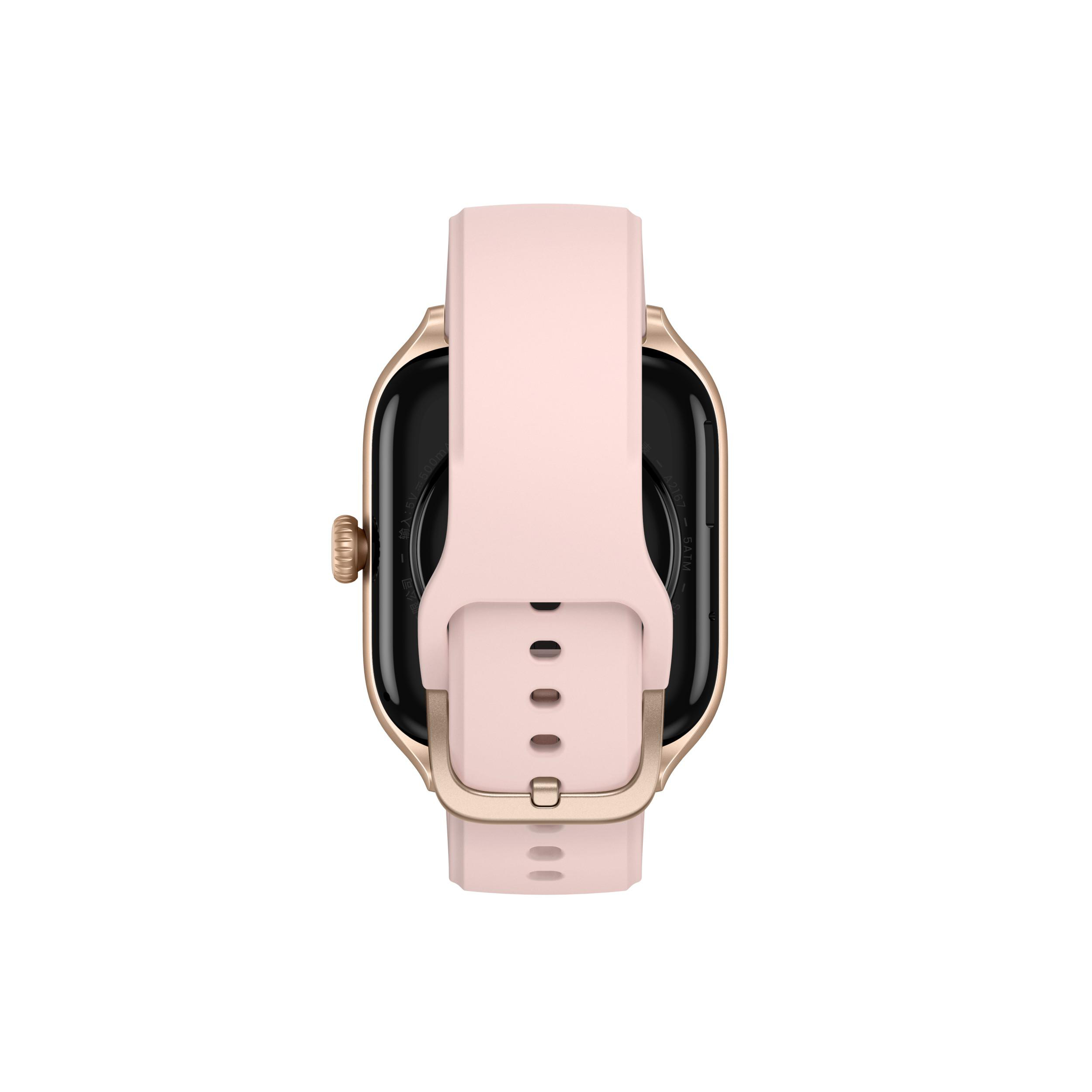 Goldene Smartwatch mit pinkfarbenem Armband, von hinten gesehen.