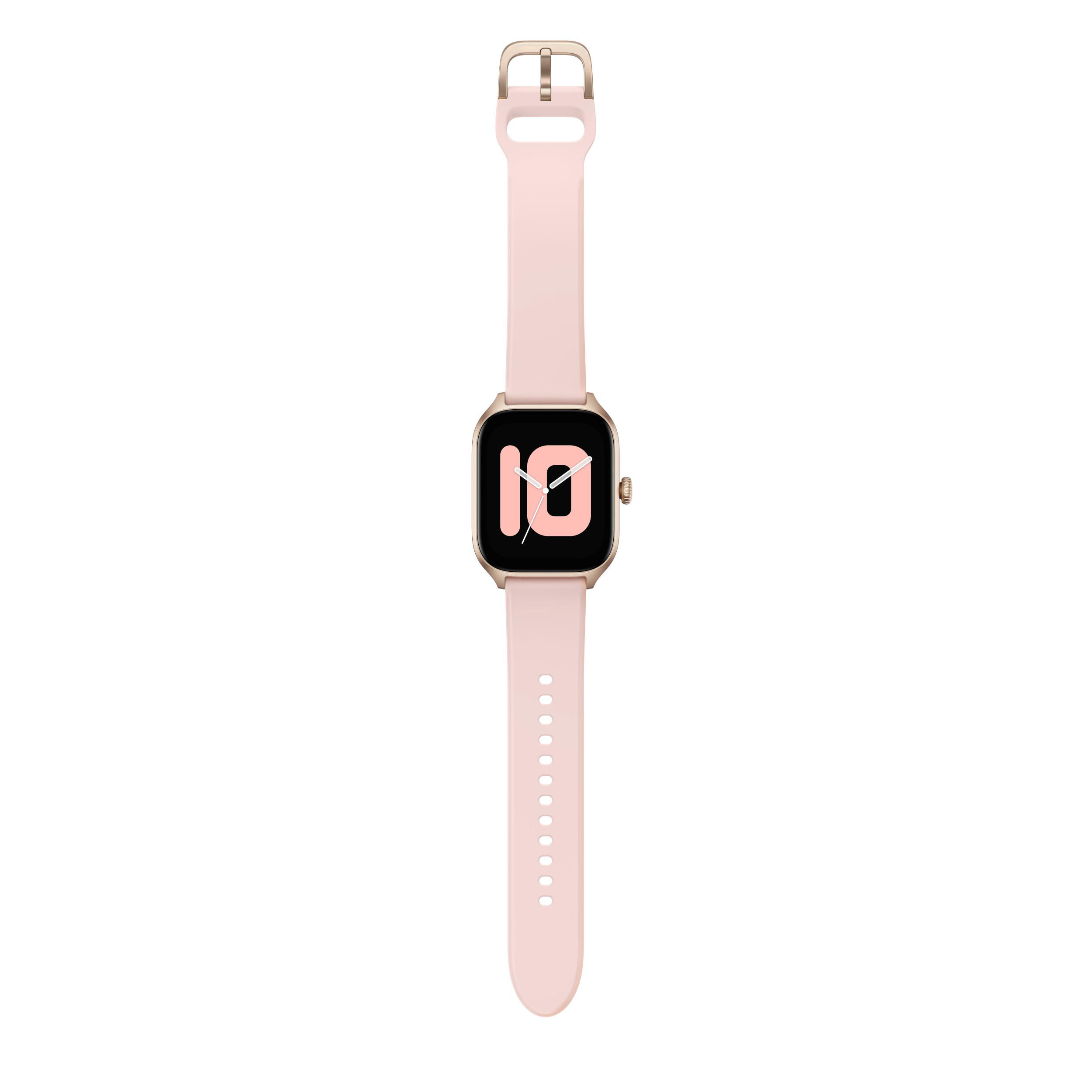 Rosafarbene Smartwatch auf weißem Hintergrund, die die Zahl 10 anzeigt.