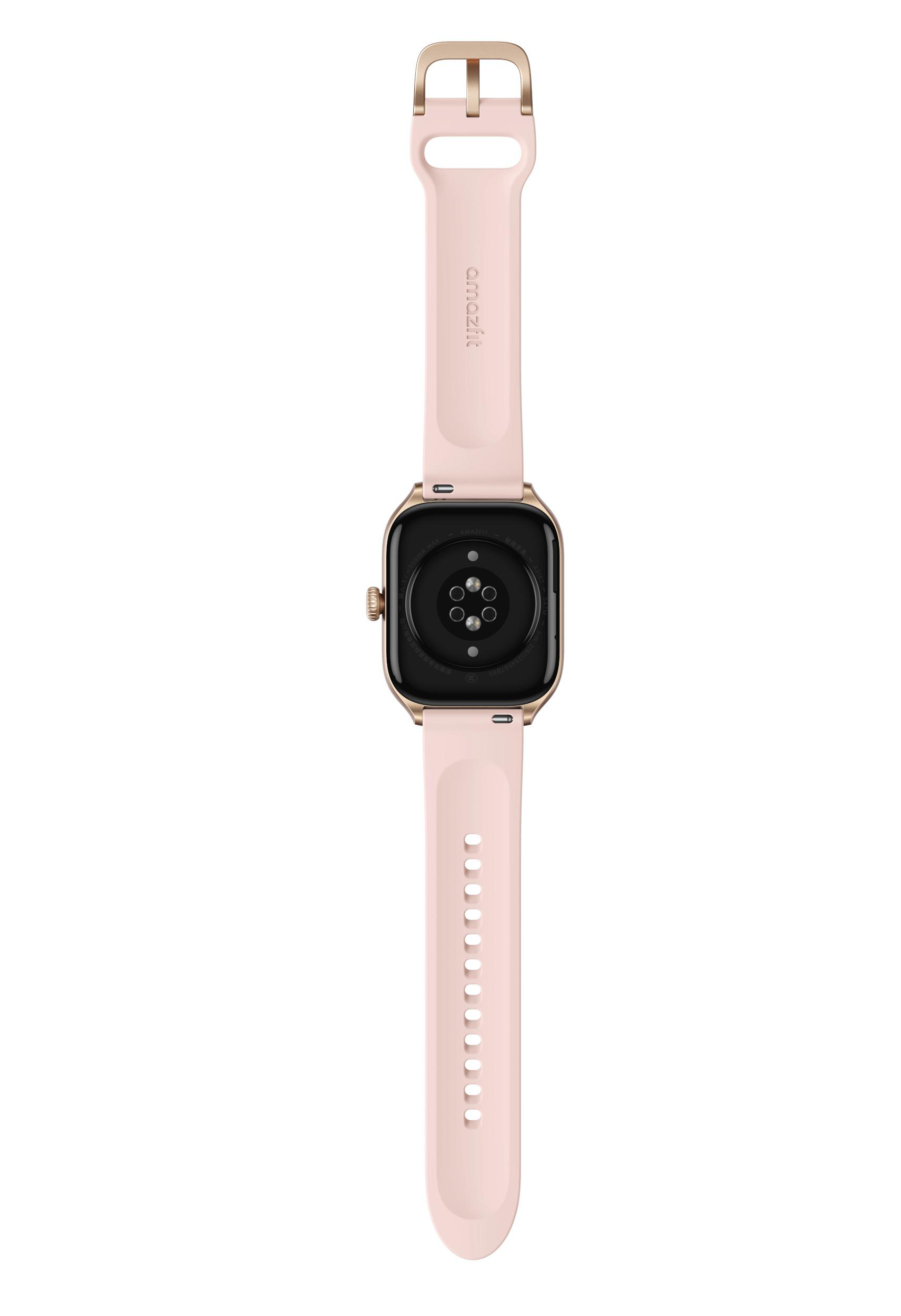 Rosafarbene Smartwatch mit goldenem Rahmen und rosa Armband.