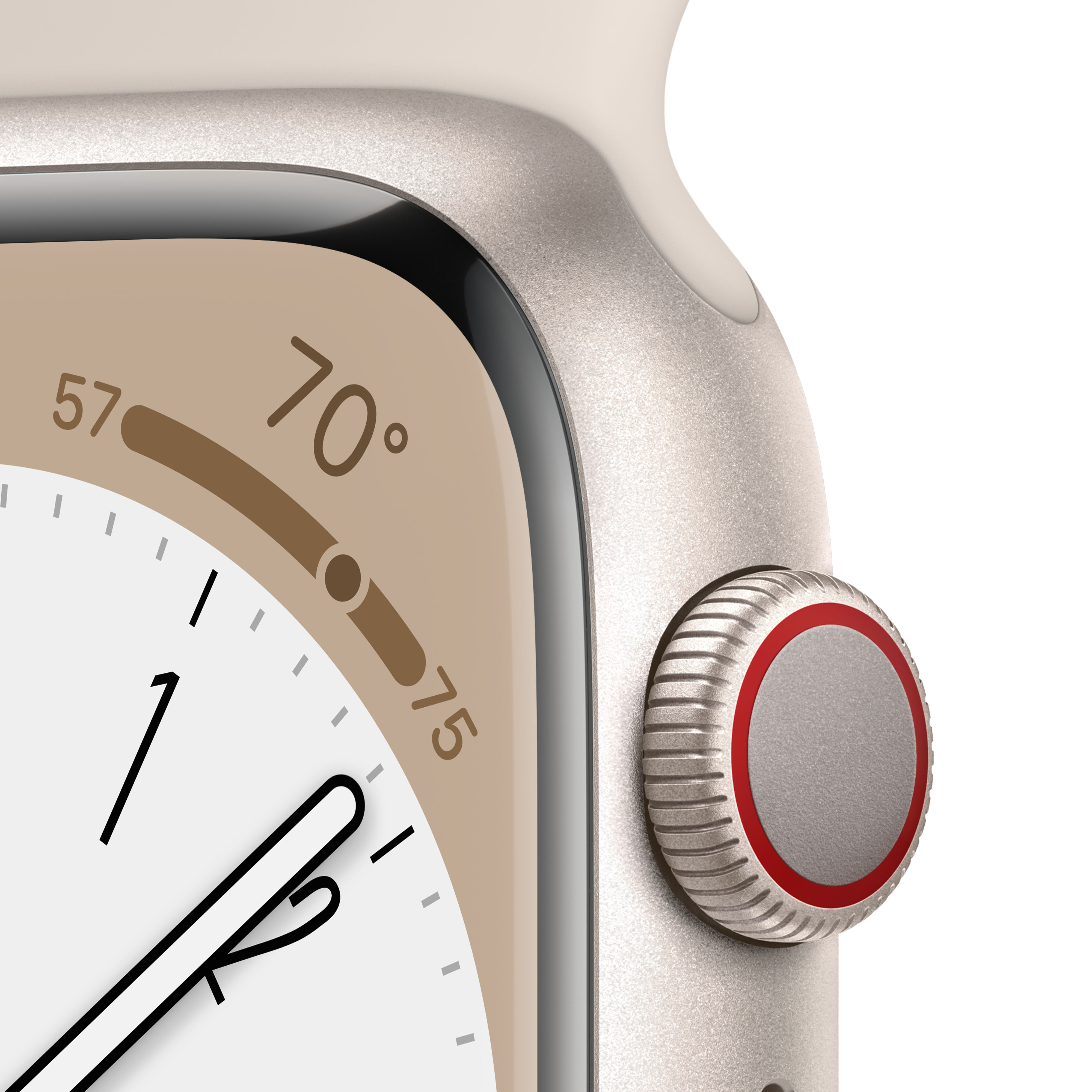 Nahaufnahme eines Apple Watch-Bildschirms mit der Uhrzeit und einem Zifferblatt.