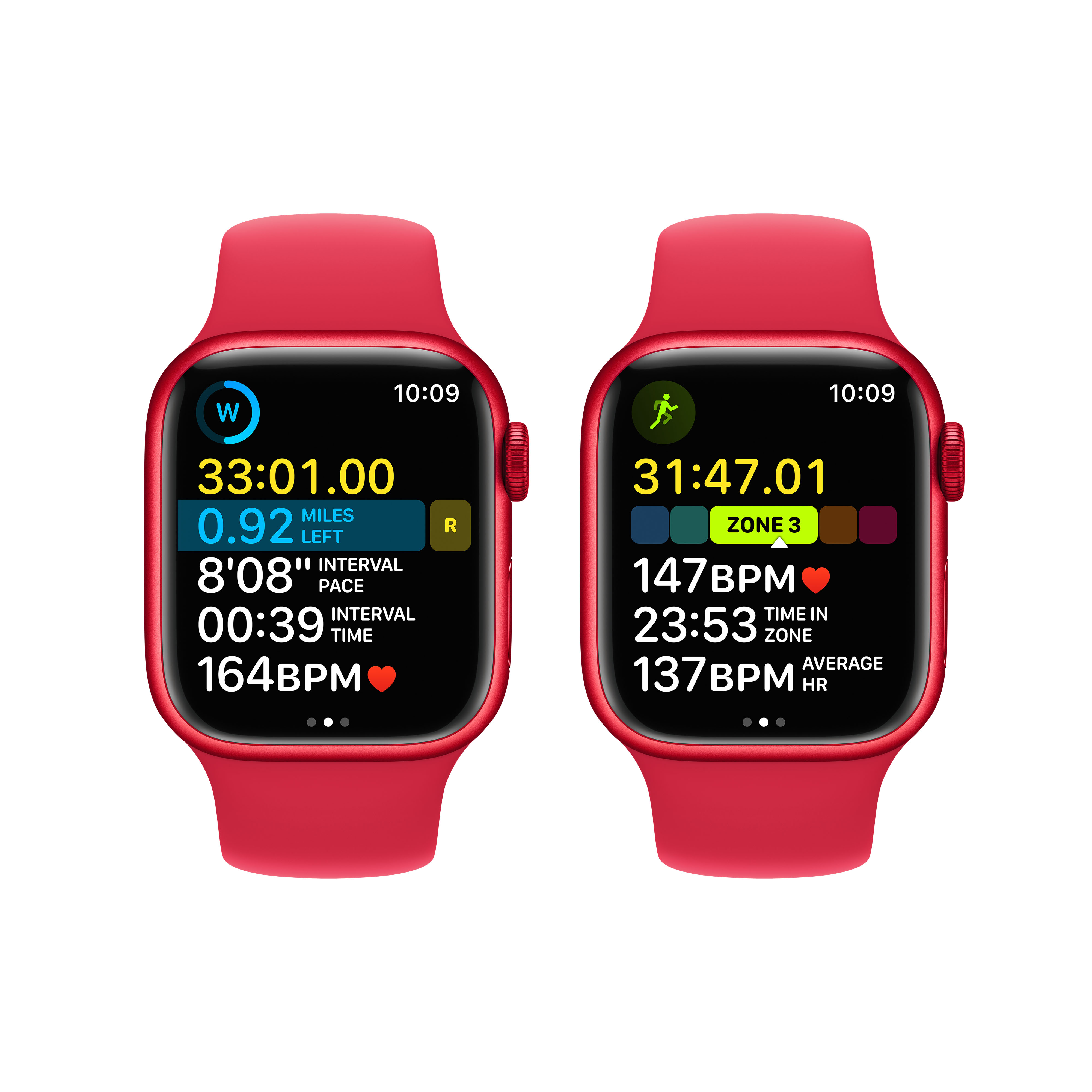Zwei rote Smartwatches zeigen Aktivitätsdaten, Zeit und Herzfrequenz auf weißem Hintergrund.
