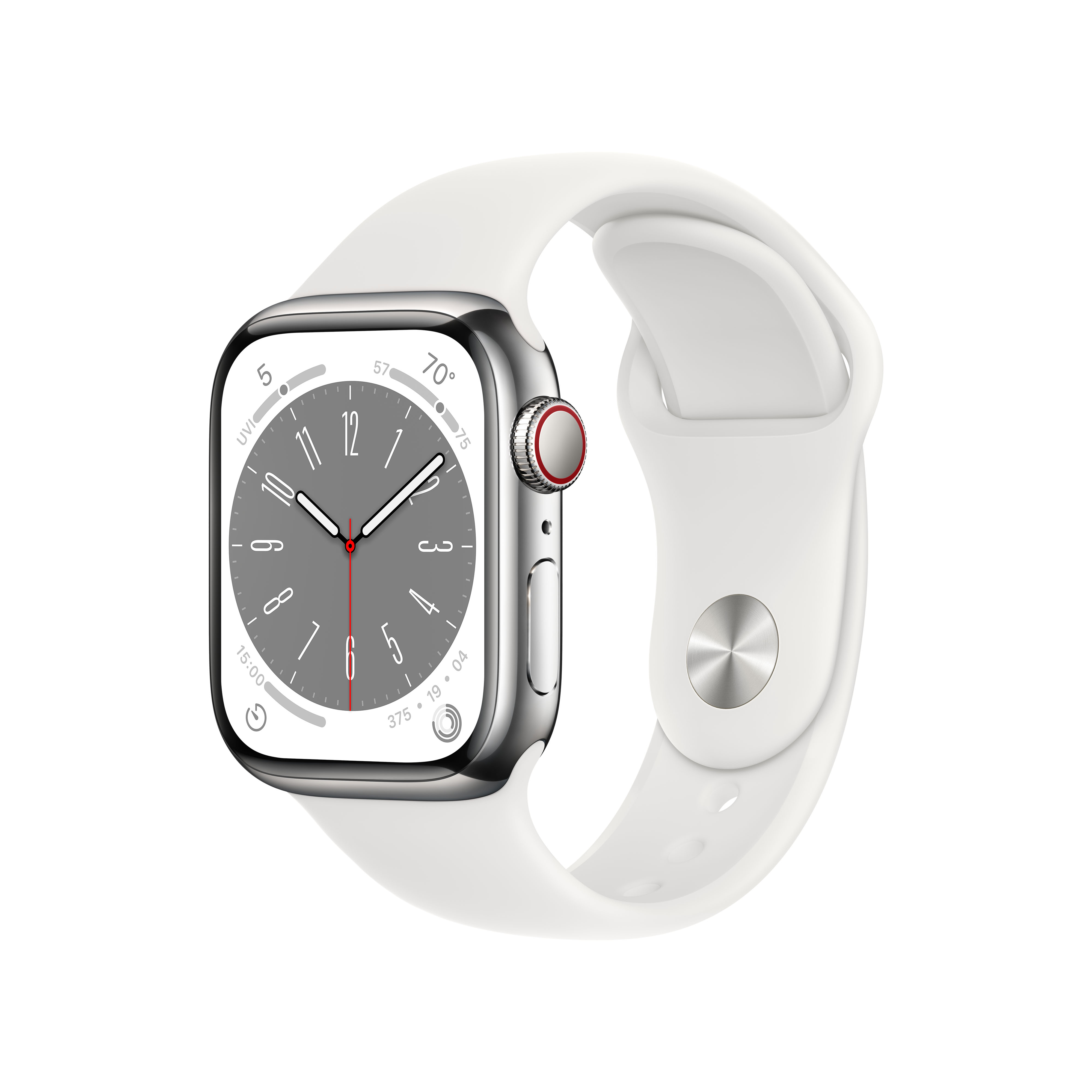 Apple Watch an weißem Armband. Silbernes Gehäuse mit roter Zifferblatttaste. Weißer Hintergrund.
