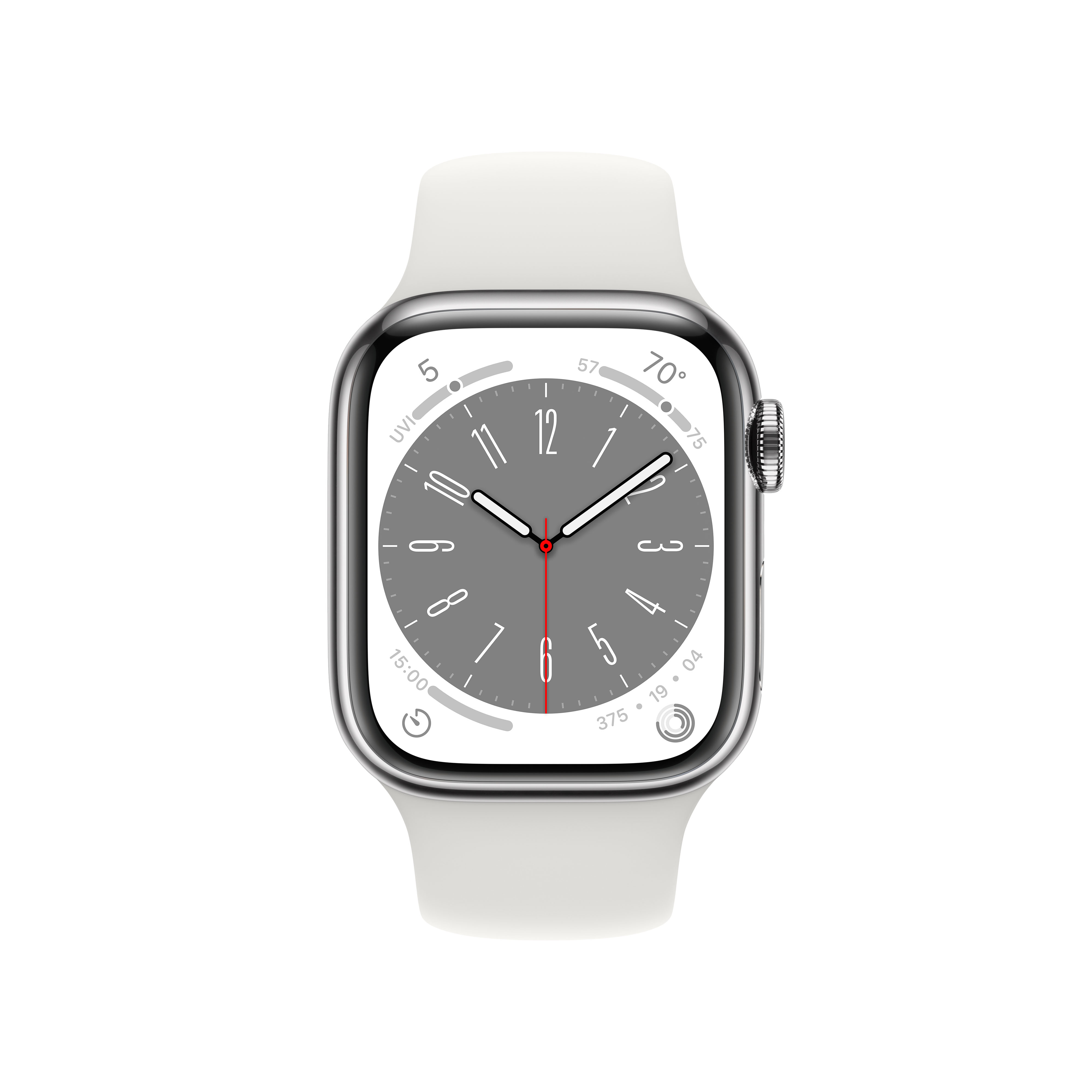 Nahaufnahme einer silbernen Apple Watch mit weißem Armband, die Zeit und Datum anzeigt.