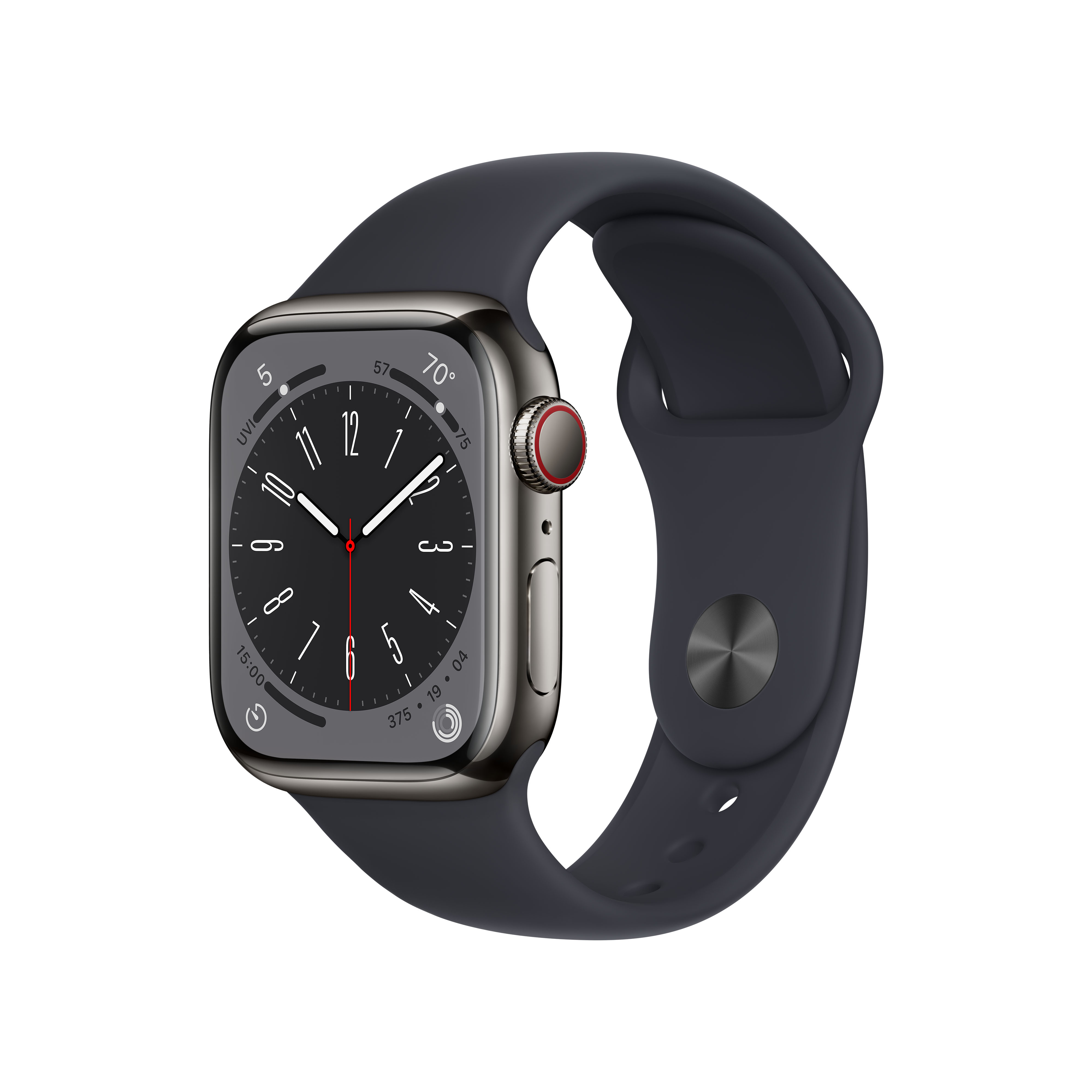 Silberne Apple Watch mit schwarzem Bildschirm und dunkelblauem Armband.