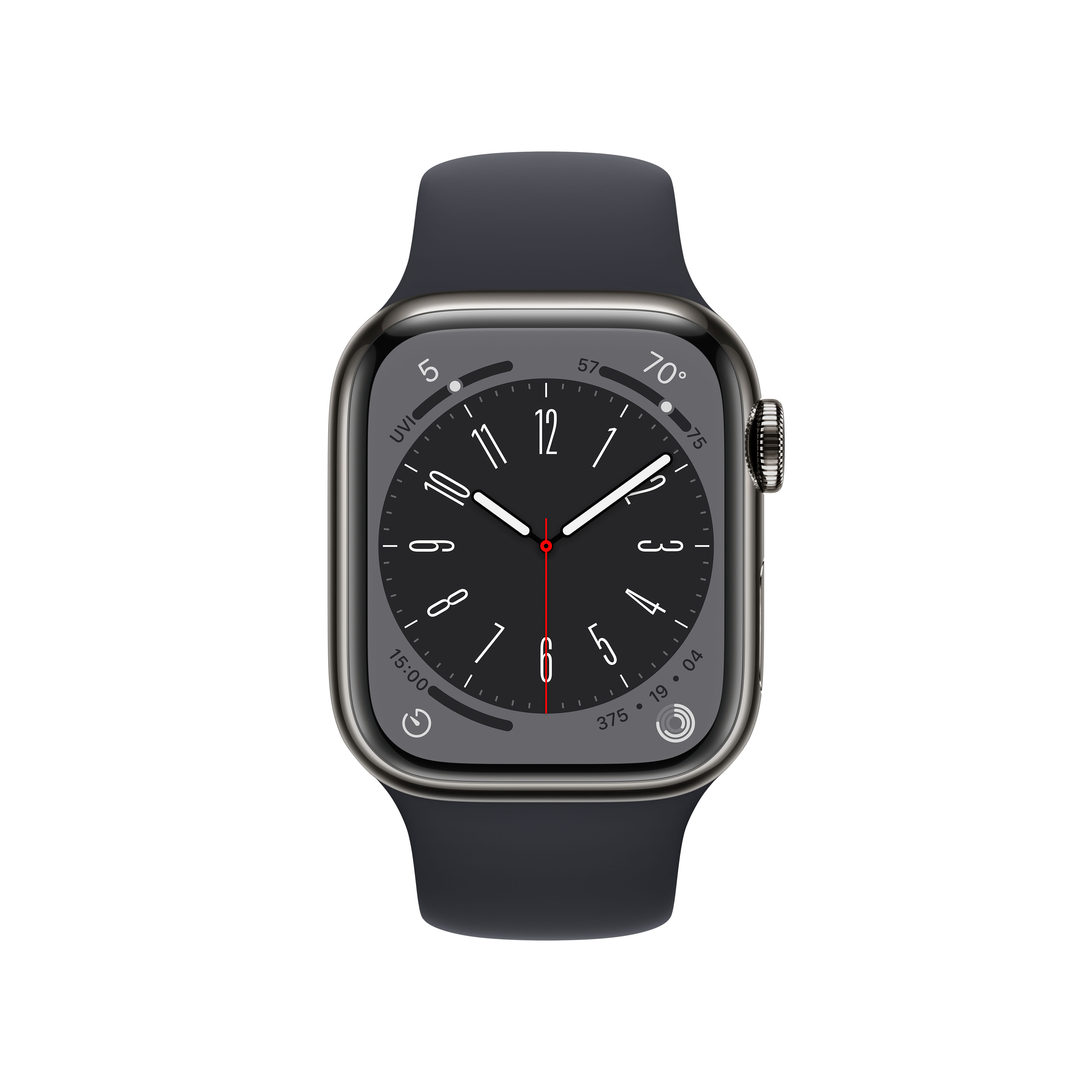 Das Bild zeigt eine Apple Watch mit dunkelblauem Armband.