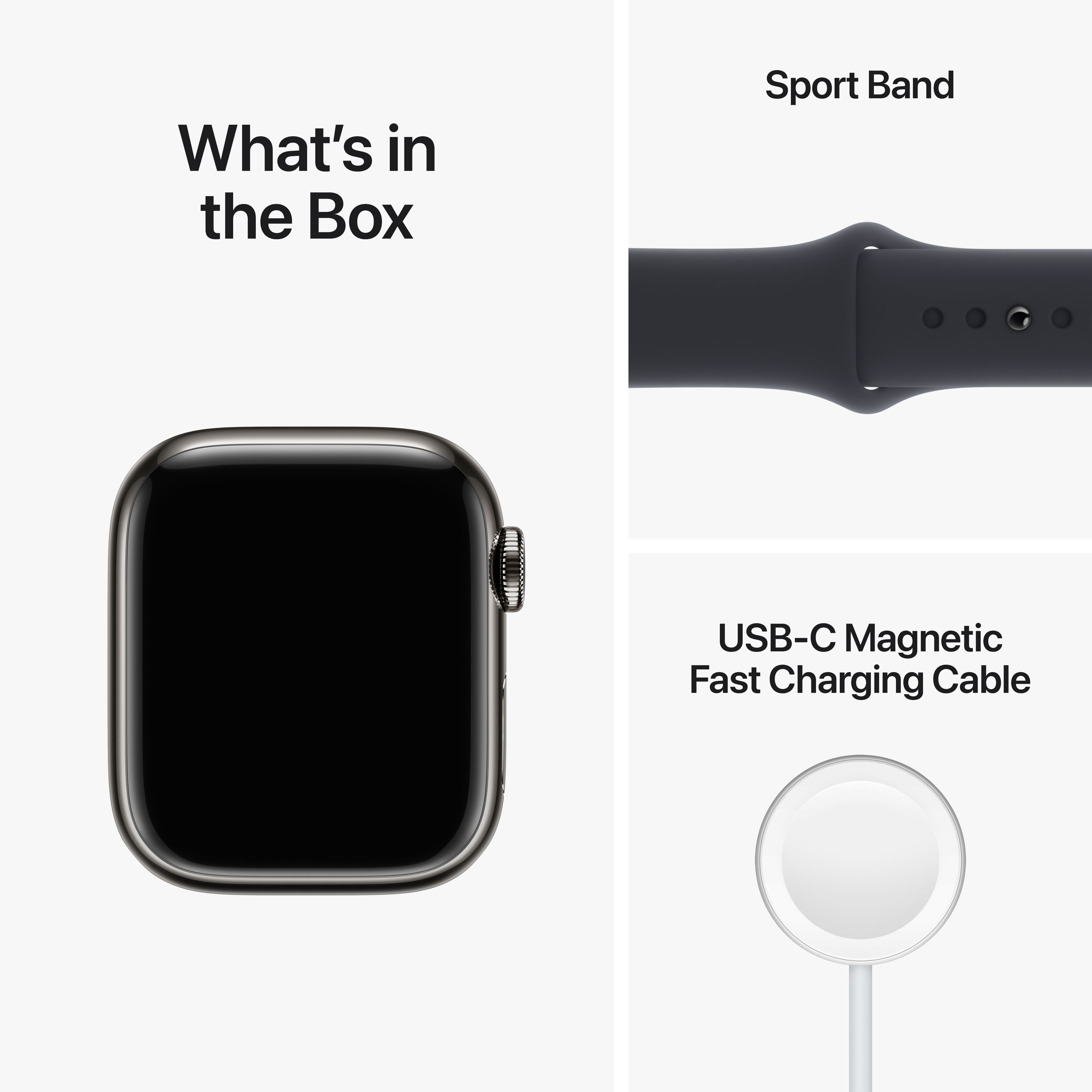 Eine Apple Watch, ein Sportarmband und ein magnetisches USB-C-Schnellladekabel.