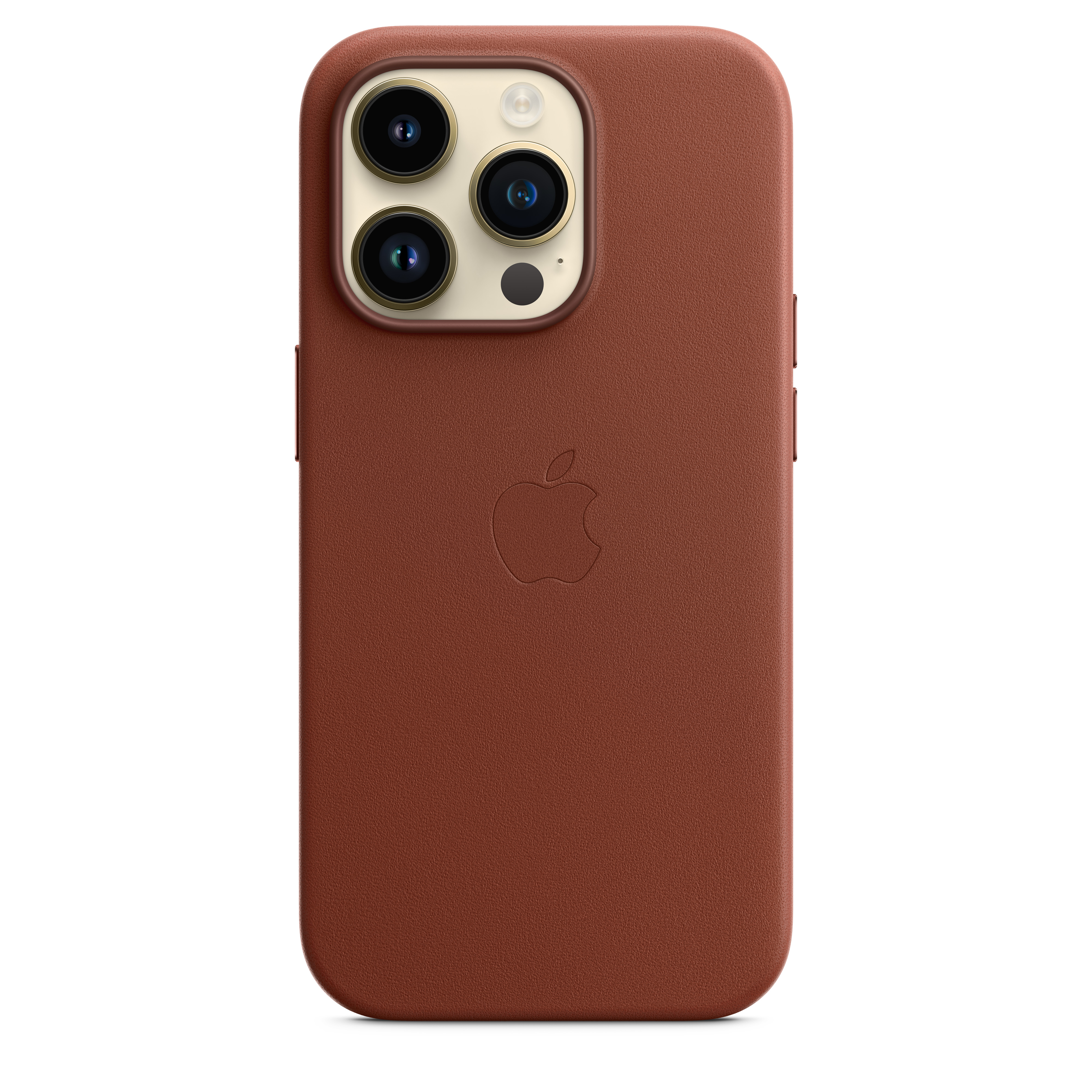 Rückansicht eines braunen, lederbezogenen iPhones mit Kameraanordnung und Apple-Logo.