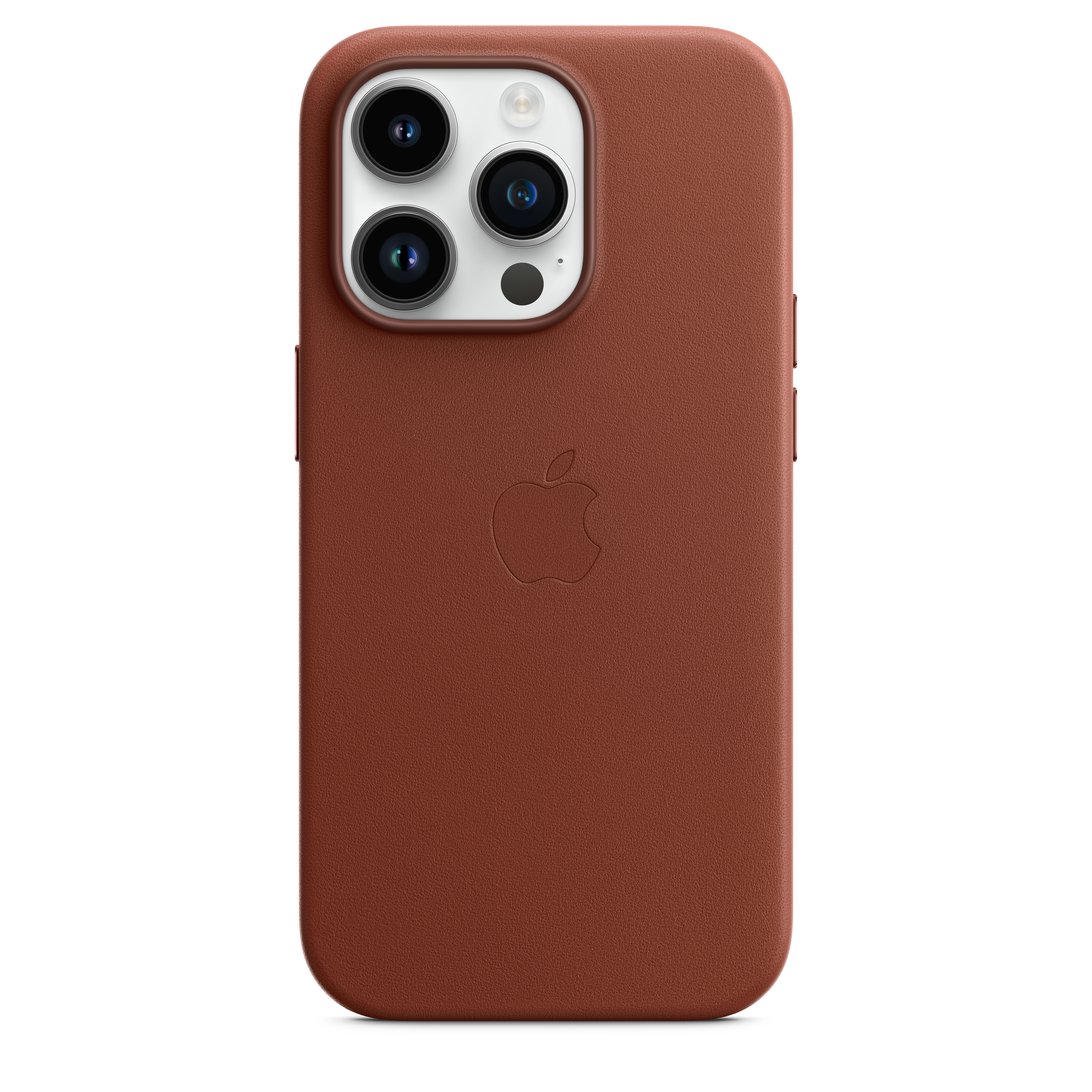 Eine braune iPhone-Hülle aus Leder mit drei Kameralinsen und Apple-Logo.