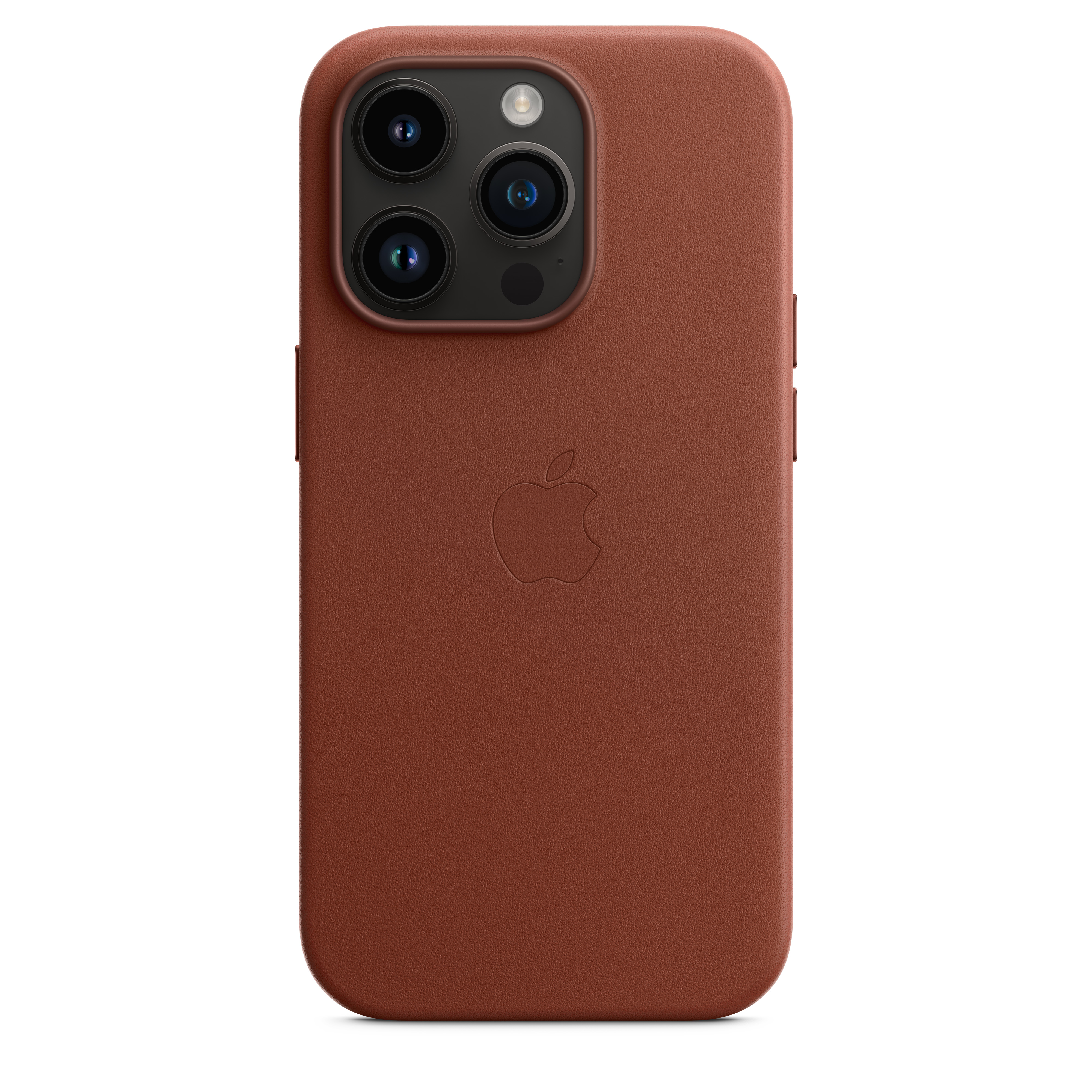 Braunes Leder-iPhone-Case mit drei Kameralinsen und Apple-Logo. Hintergrund ist weiß.