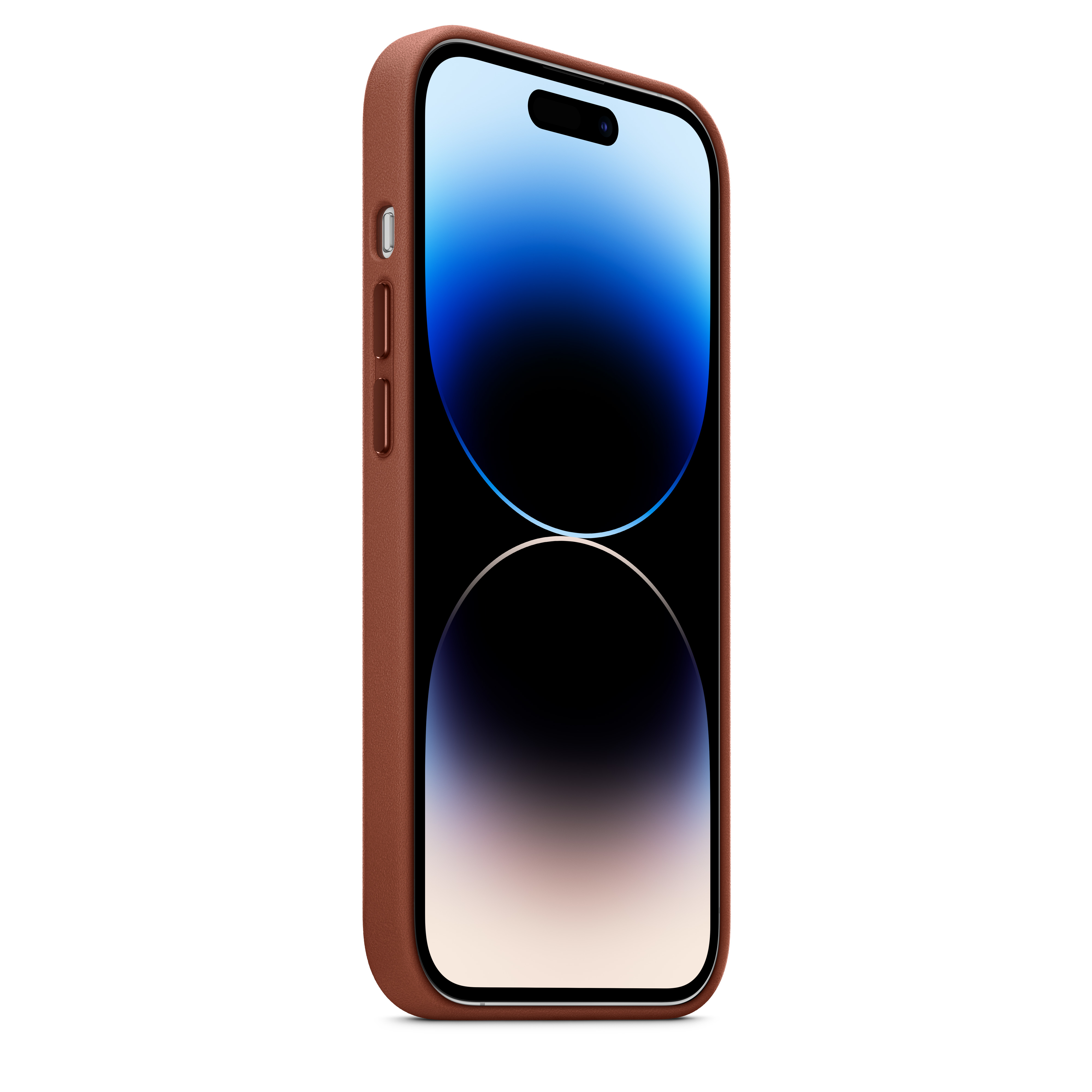 Ein iPhone in einer braunen Hülle, das die Seitenansicht mit Frontdisplay auf weißem Grund zeigt.