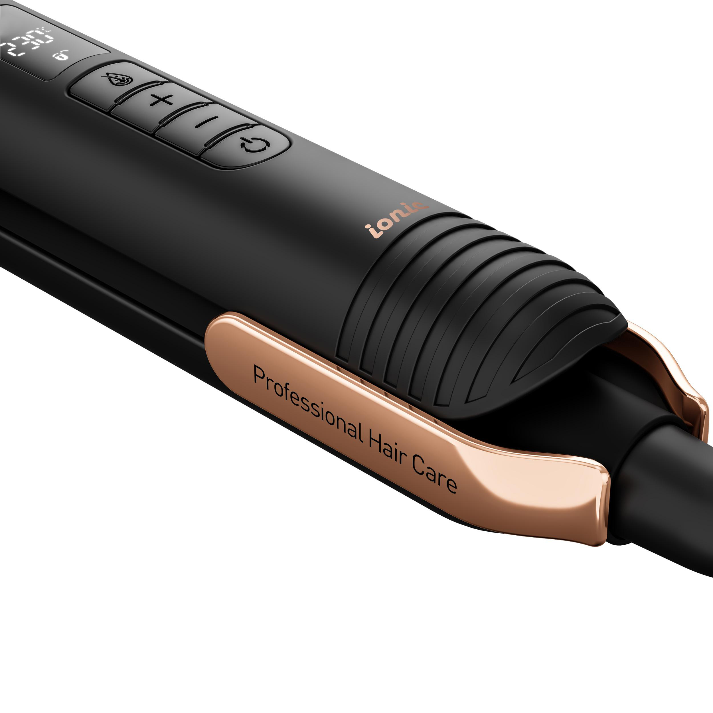 Schwarzer und roségoldener Haarglätter mit Knöpfen und Digitalanzeige. Professioneller Haarpflege-Text.