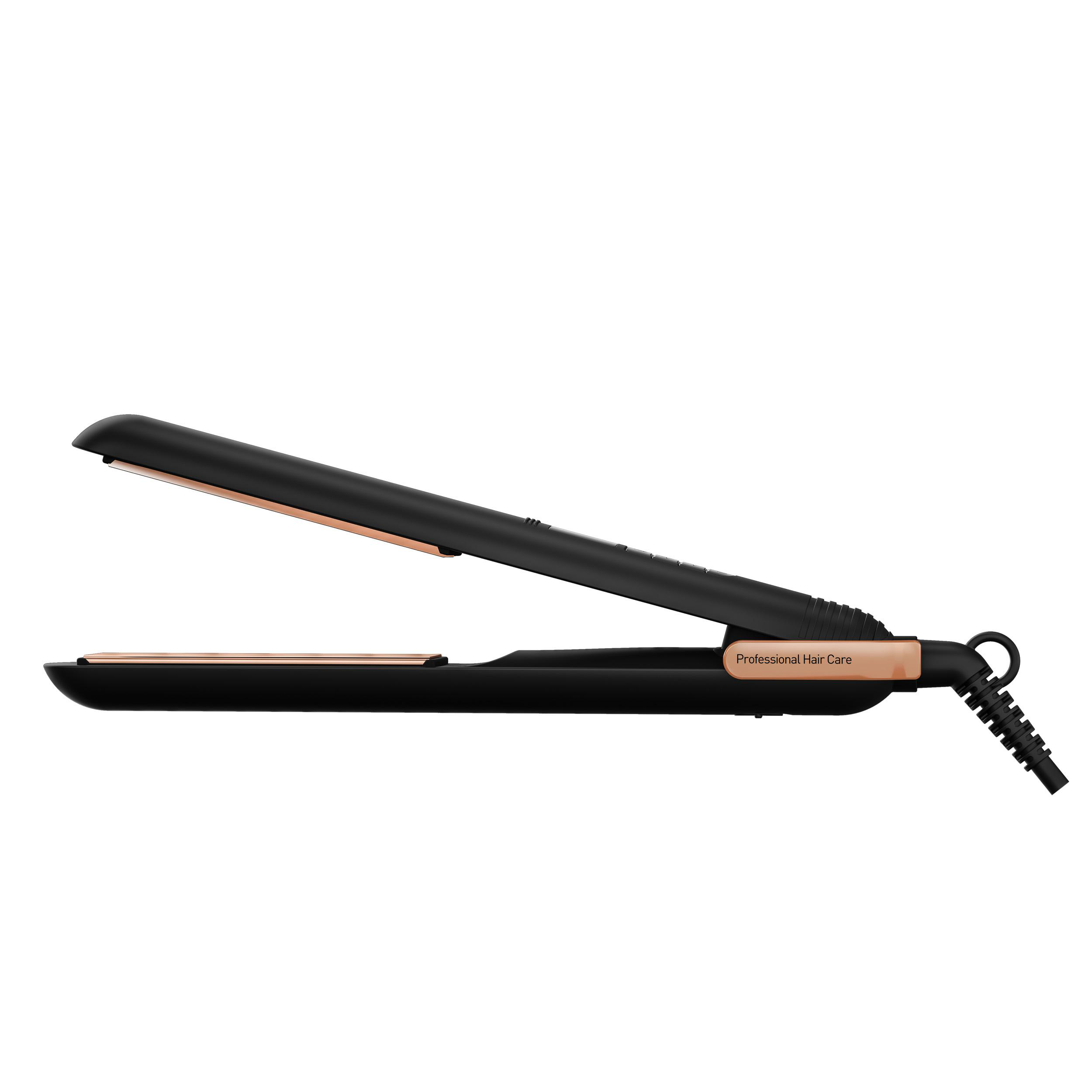 Schwarzer Haarglätter mit roségoldenen Platten, Seitenansicht.