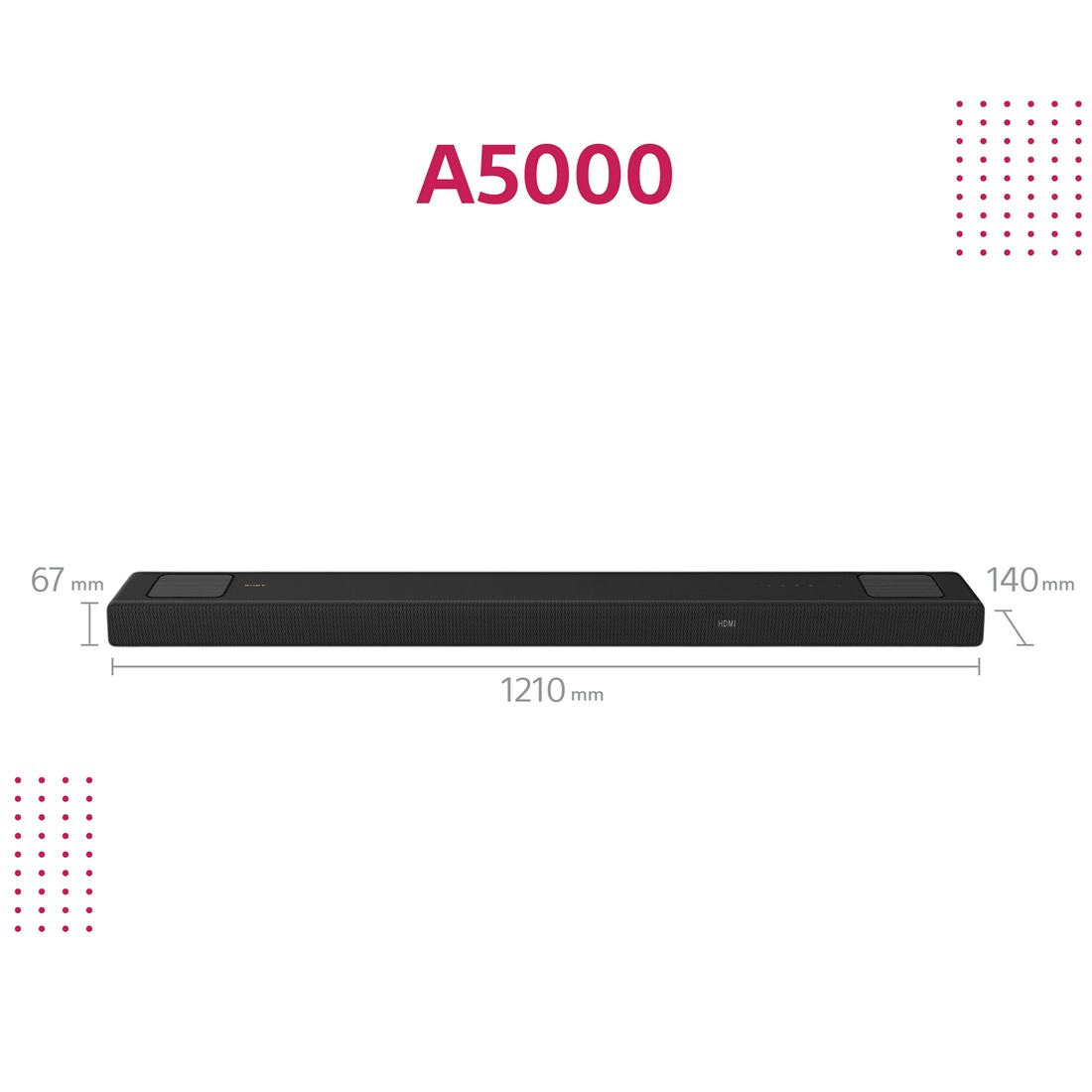 Barra de sonido A5000 con dimensiones: 1210 mm de largo, 67 mm de alto, 140 mm de profundidad. Fondo blanco.