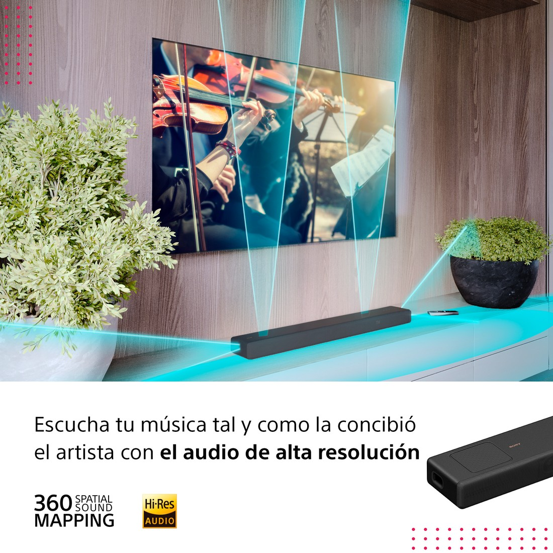 TV con barra de sonido, violinistas y texto sobre audio de alta resolución.