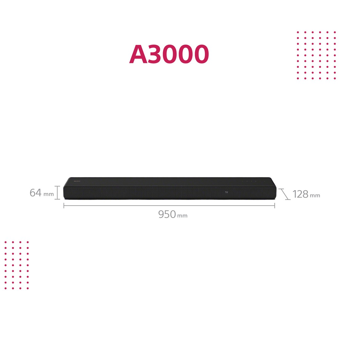 Una barra de sonido negra con dimensiones mostradas y el texto 'A3000'.