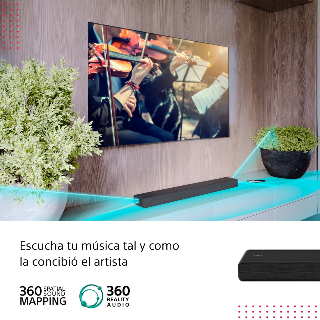 Televisor mostrando orquesta, con barra de sonido abajo e iconos de aplicaciones.