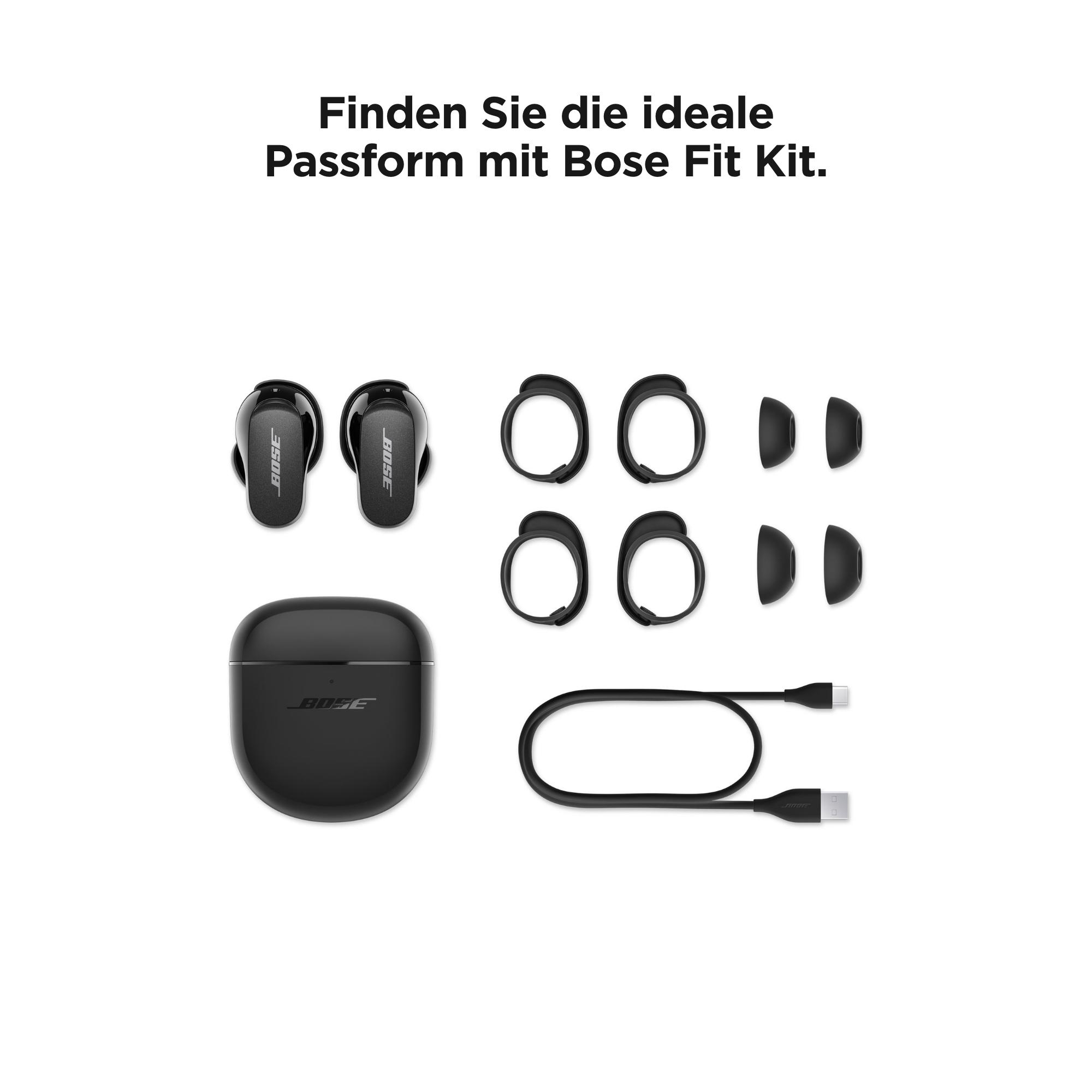 Schwarze Ohrhörer und Zubehör mit Ladecase und USB-Kabel angeordnet.
