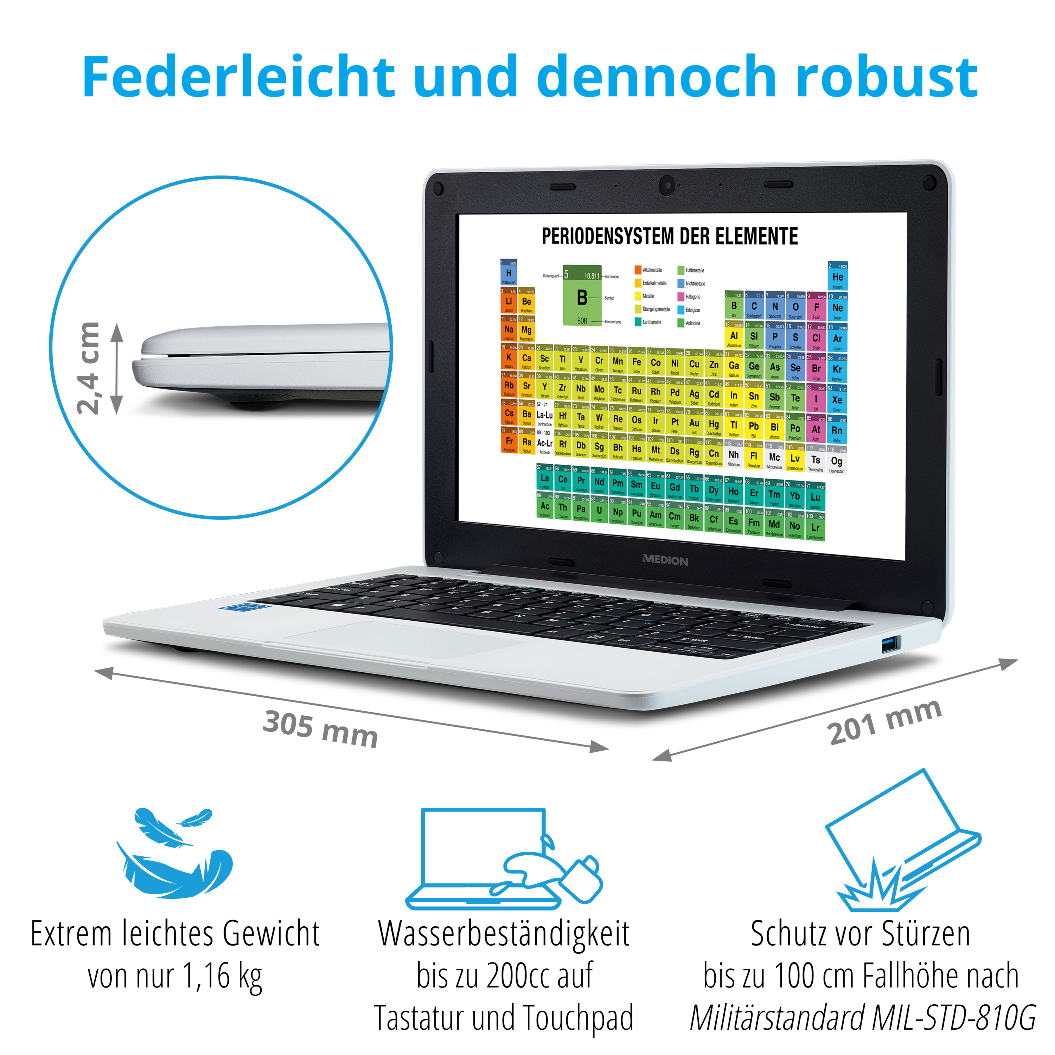 Weißer Laptop mit Abmessungen und Funktionen.