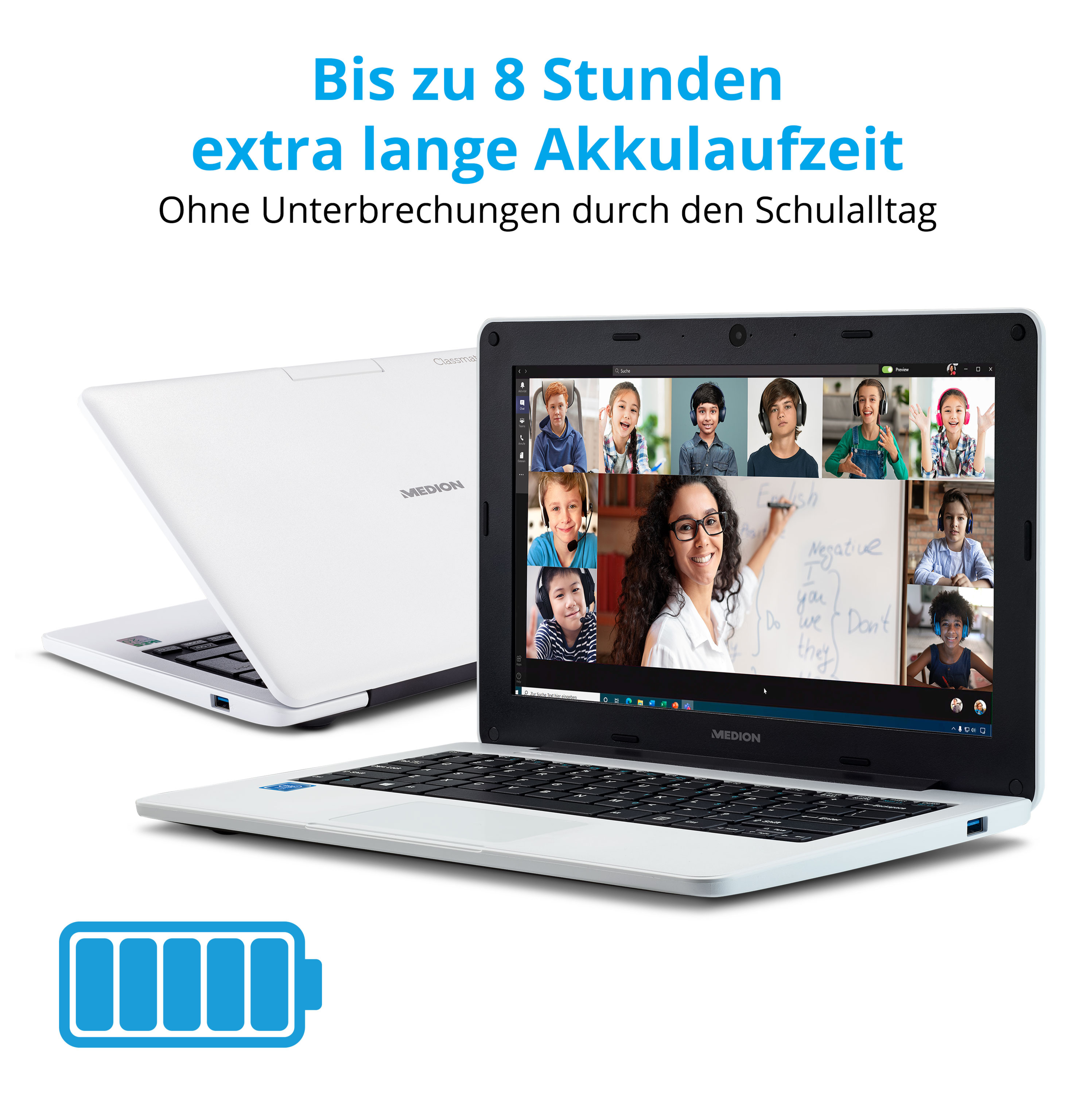 Laptop mit Schülern und Lehrer auf dem Bildschirm, weißer Laptop daneben.