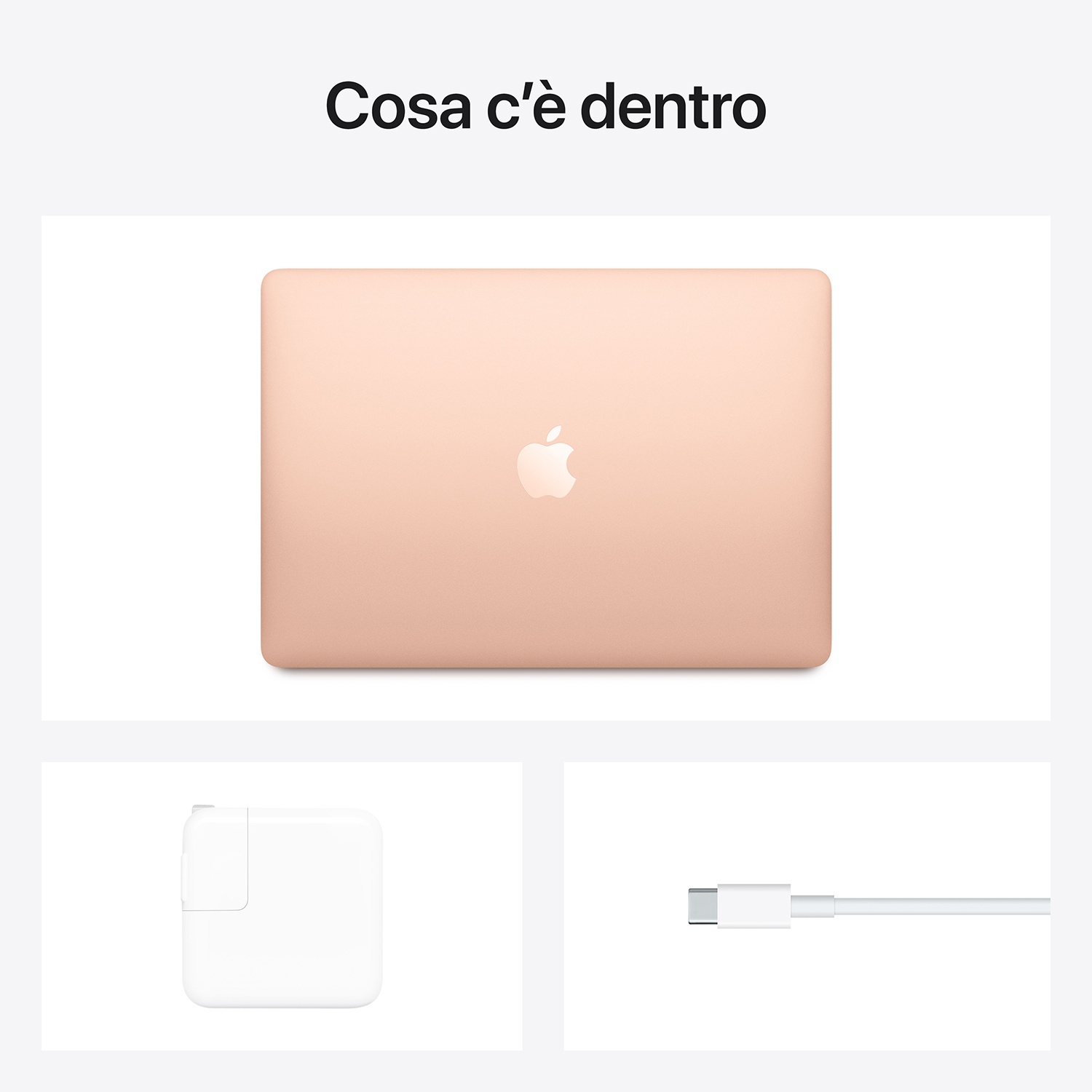 Un Macbook Air chiuso, caricatore e cavo.