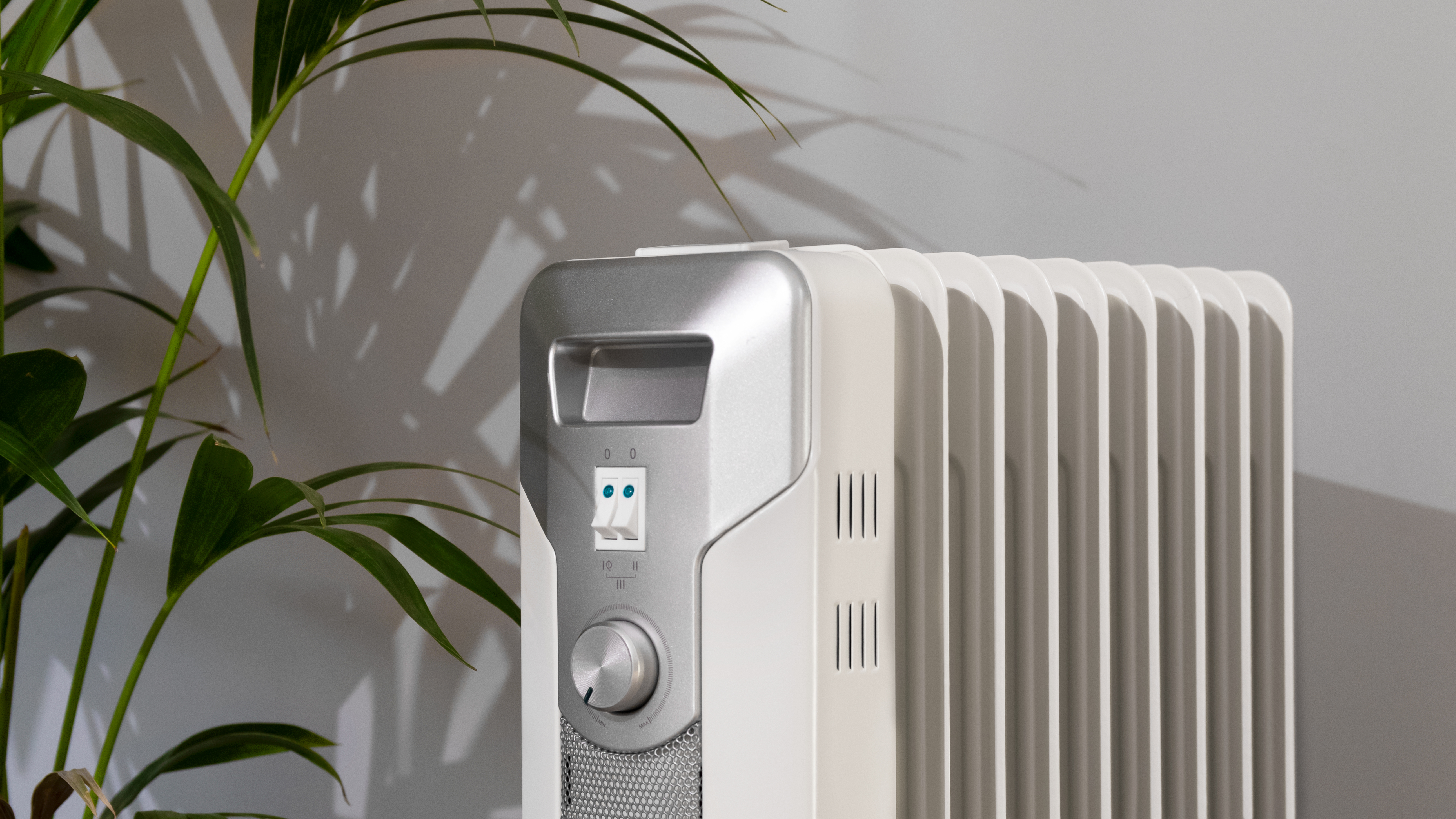 Radiador blanco, controles plateados y planta verde en primer plano.