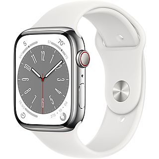 APPLE Watch Series 8 GPS+Cell 45mm Edelstahlgehäuse, Sportarmband, Silber/Weiß