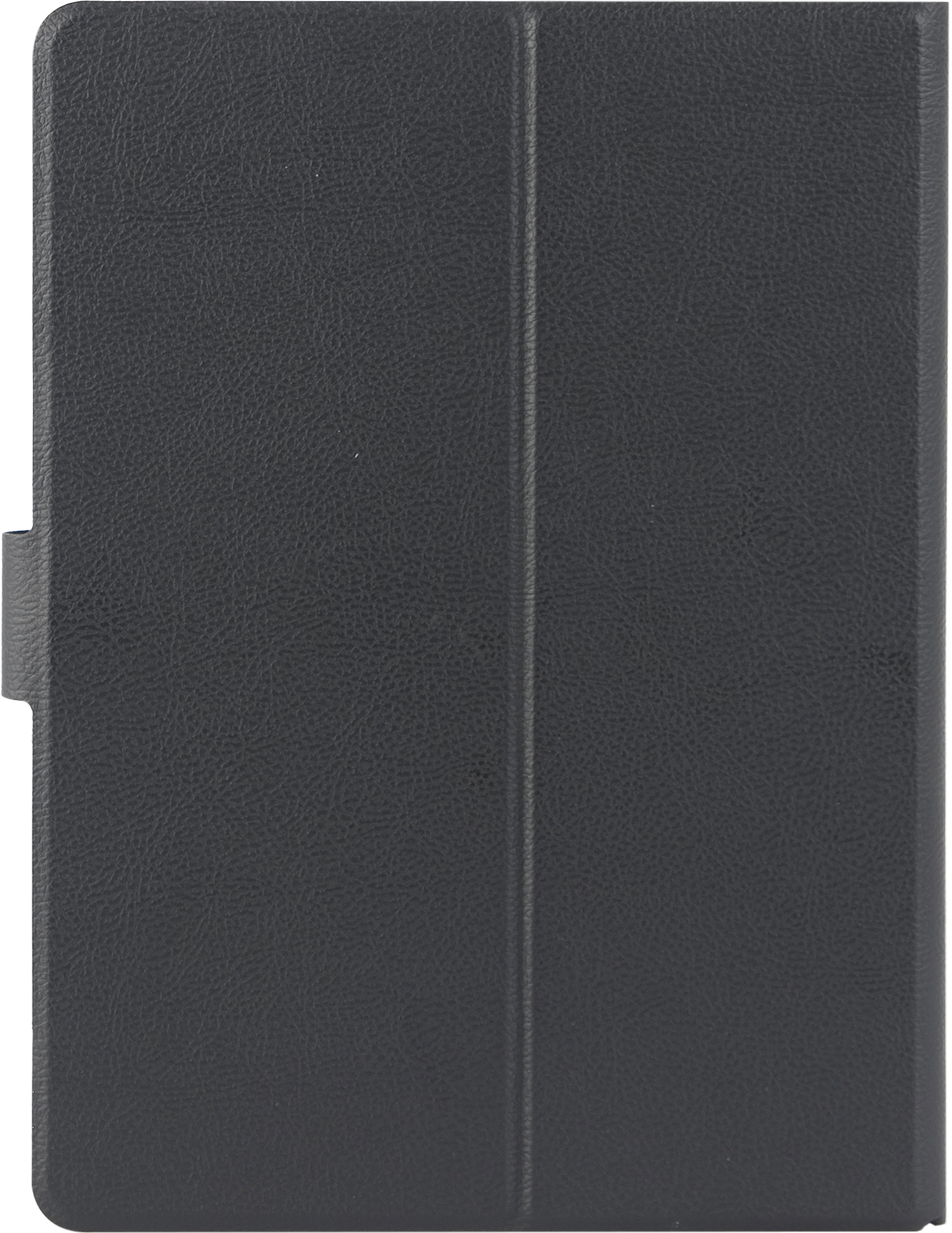 Una custodia per tablet nera chiusa. Ha una chiusura magnetica e una superficie strutturata.