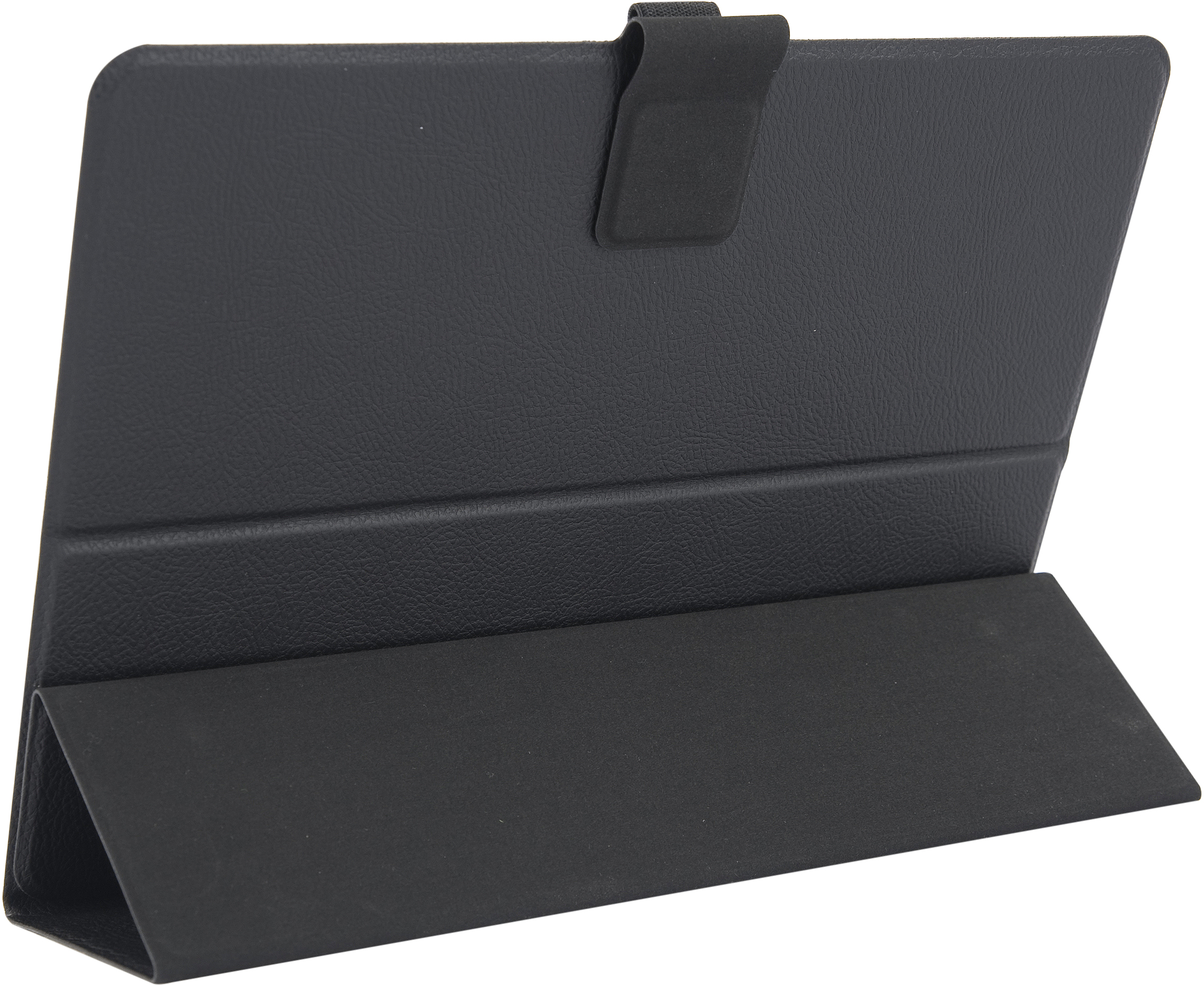 Custodia per tablet nera, aperta e puntellata, che mostra l'interno e la cinghia.