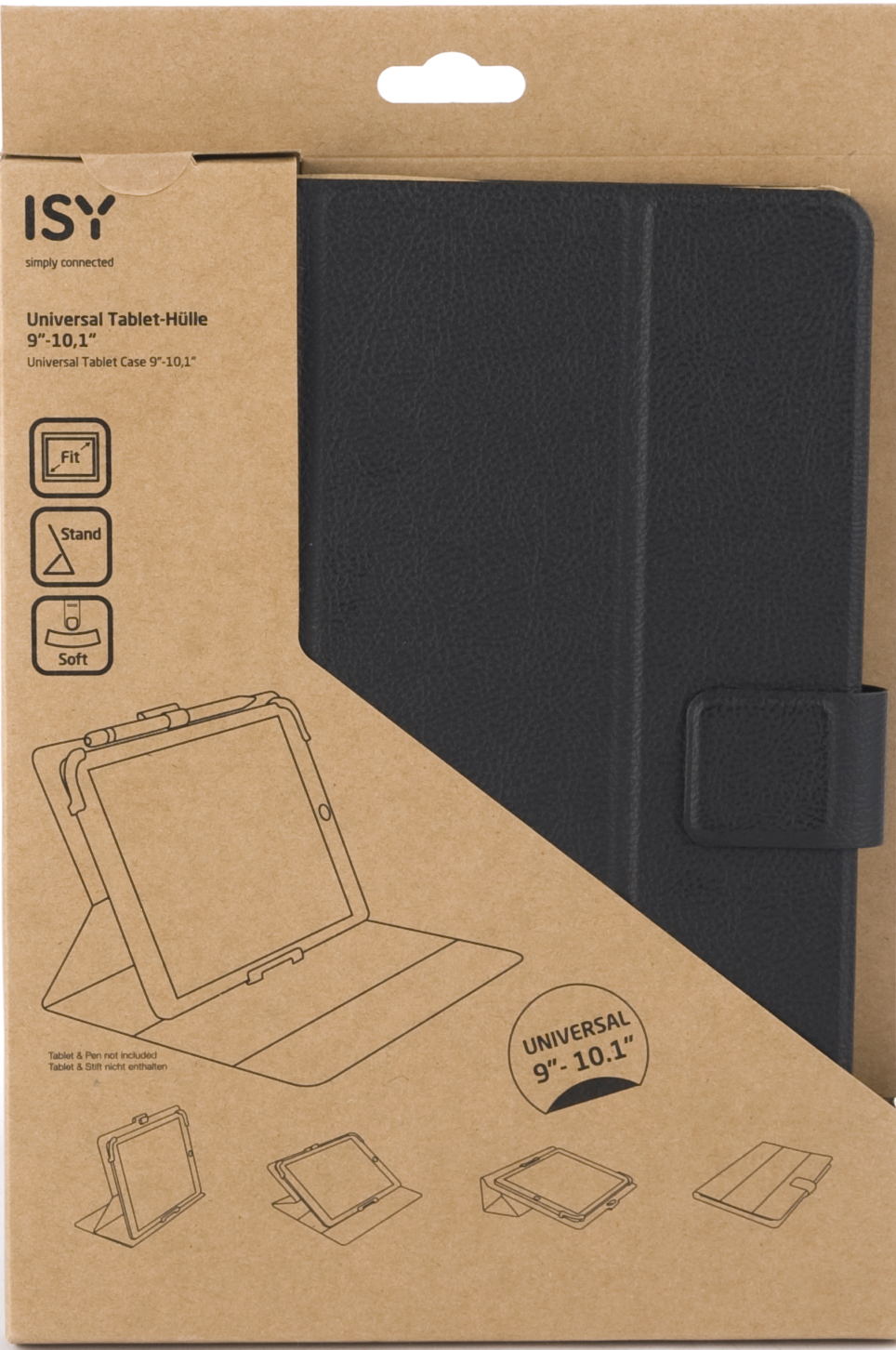 Custodia per tablet nella confezione. Testo sulla scatola, contorno del tablet. Sfondo bianco.