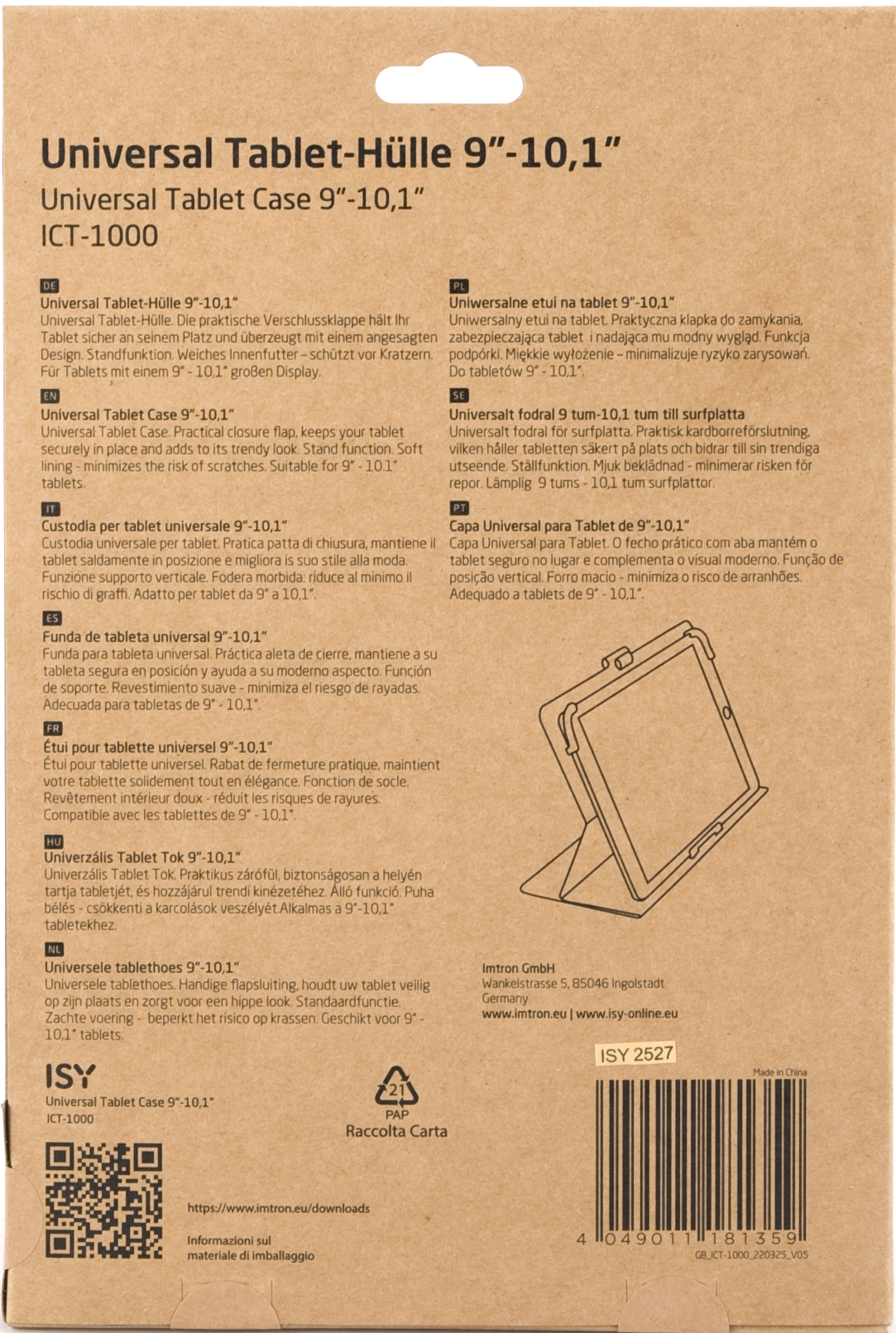 Confezione della custodia per tablet con testo in più lingue sulle caratteristiche e il design della custodia.