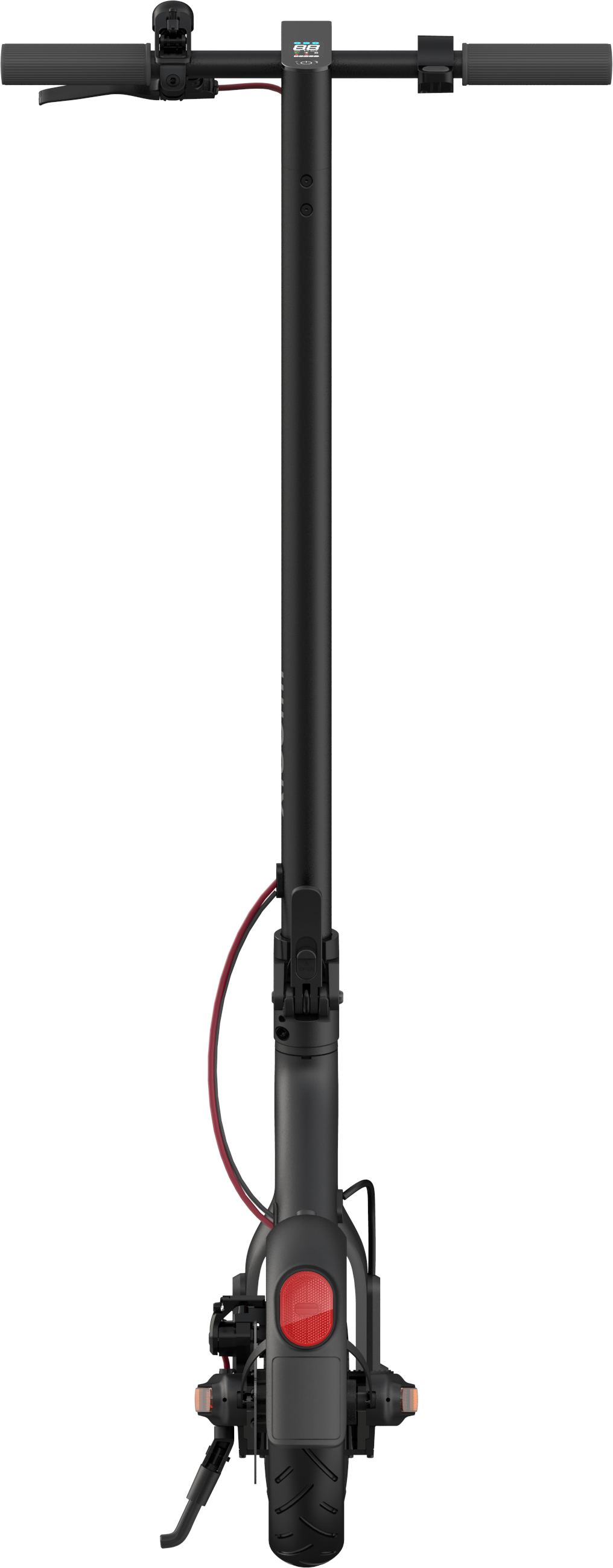 Schwarzer Elektroroller von oben gesehen, mit roten Akzenten und schwarzem Hintergrund.