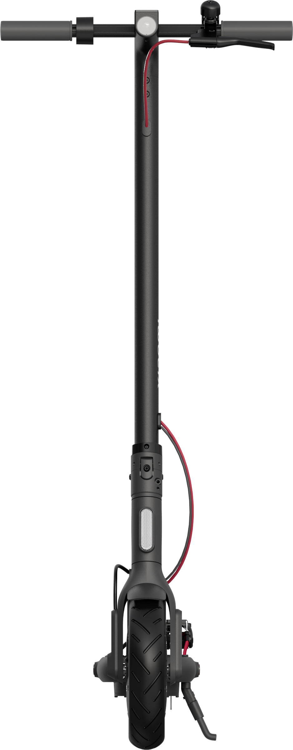 Schwarzer Elektroroller von oben, mit rotem Kabel und schwarzem Hintergrund.