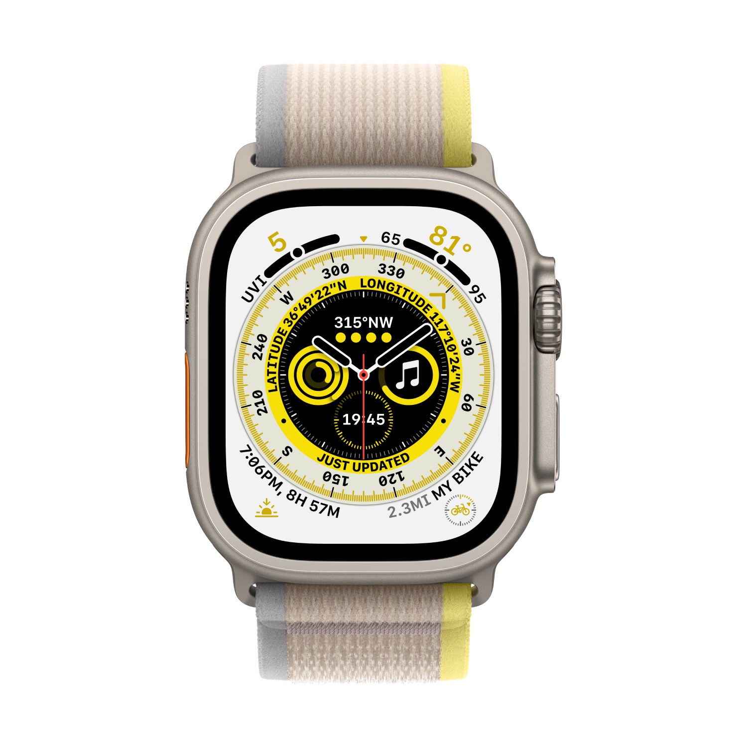 Apple Watch Ultra met sportband, toont workoutmetrieken.