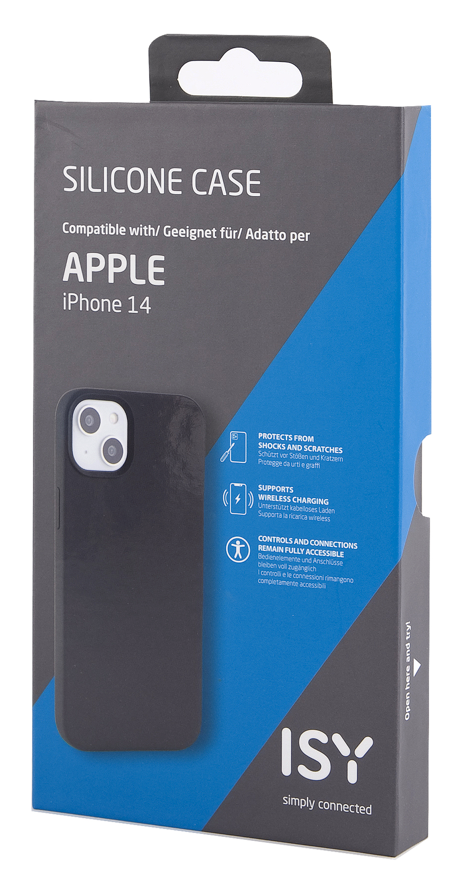 iPhone 14 Silikonhülle in einer Box mit Produktdetails.