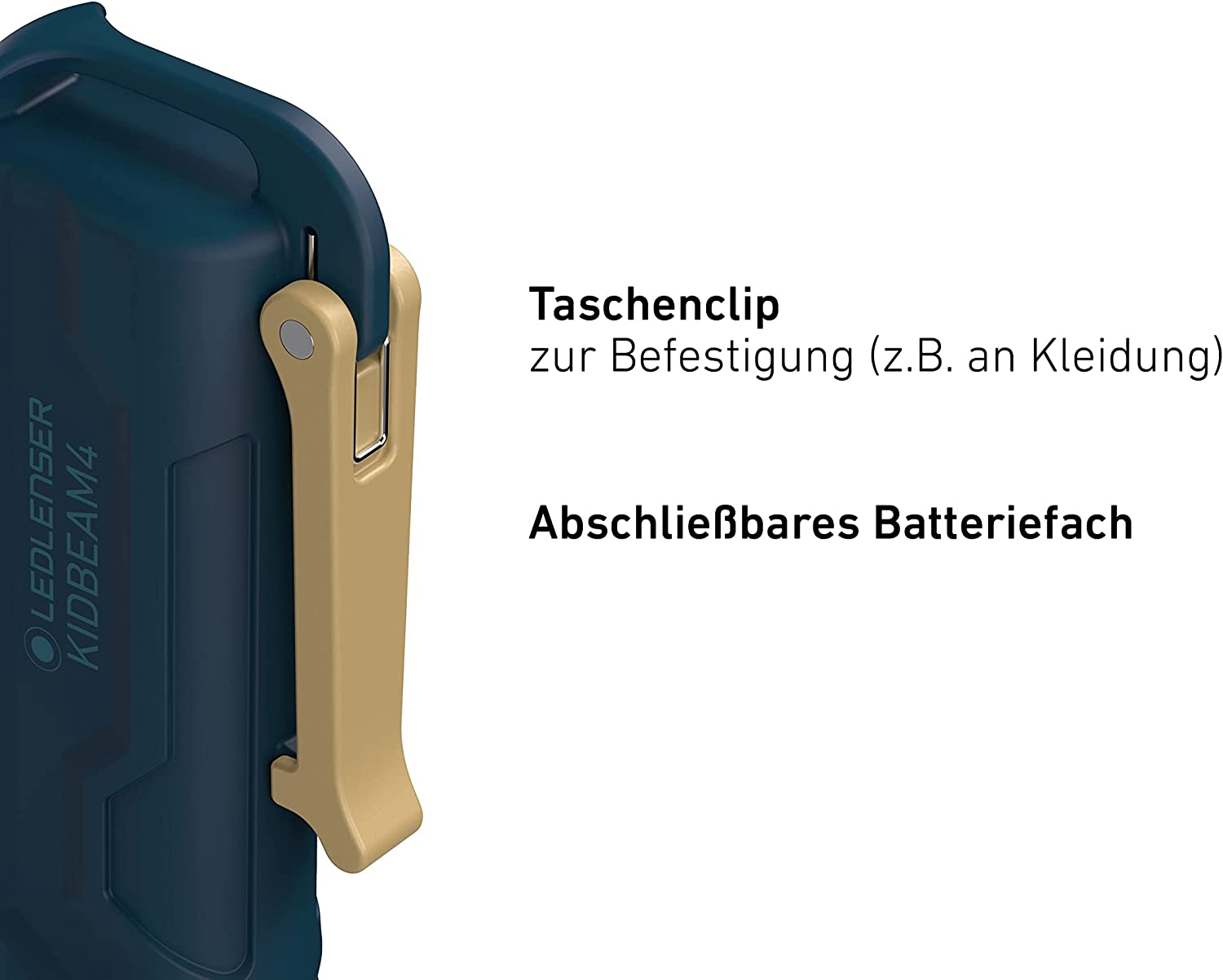Un primo piano di una clip da tasca su una torcia con le parole Taschenclip e Abschließbares Batteriefach.