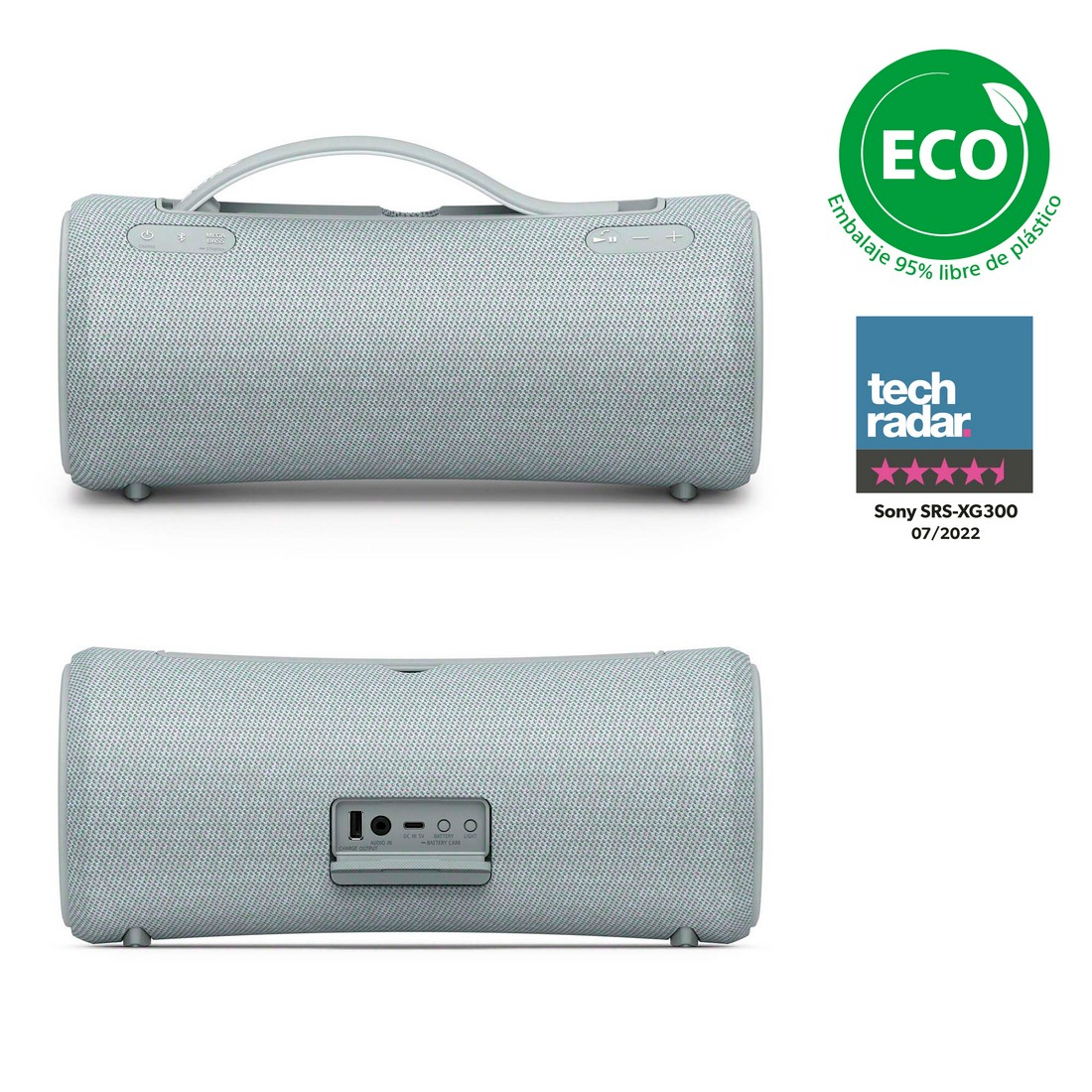 Altavoz gris con vistas superior e inferior, etiqueta eco y pegatina Tech Radar.