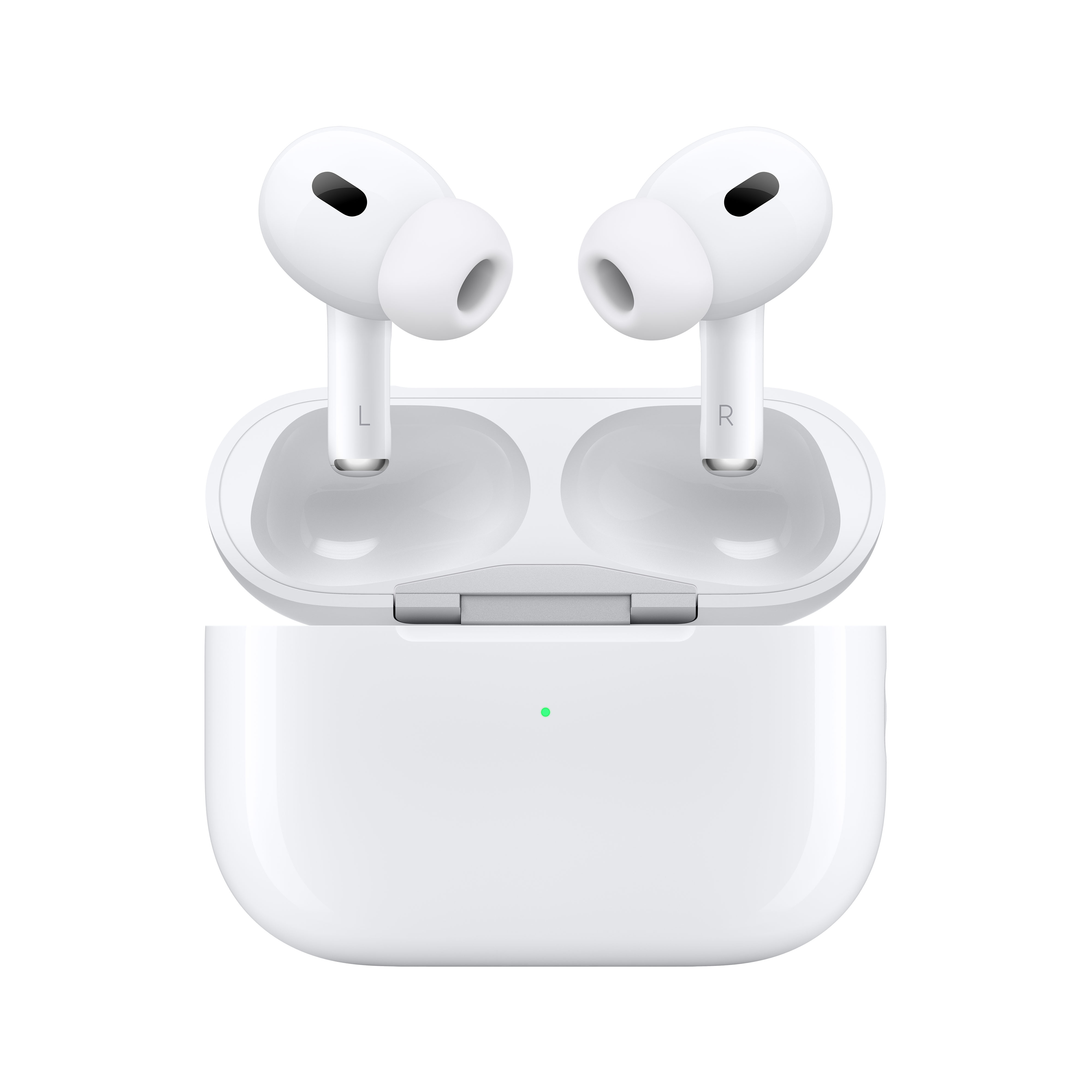 Weiße Apple AirPods Pro 2. Generation mit Ladecase, auf weißer Oberfläche, Frontansicht.