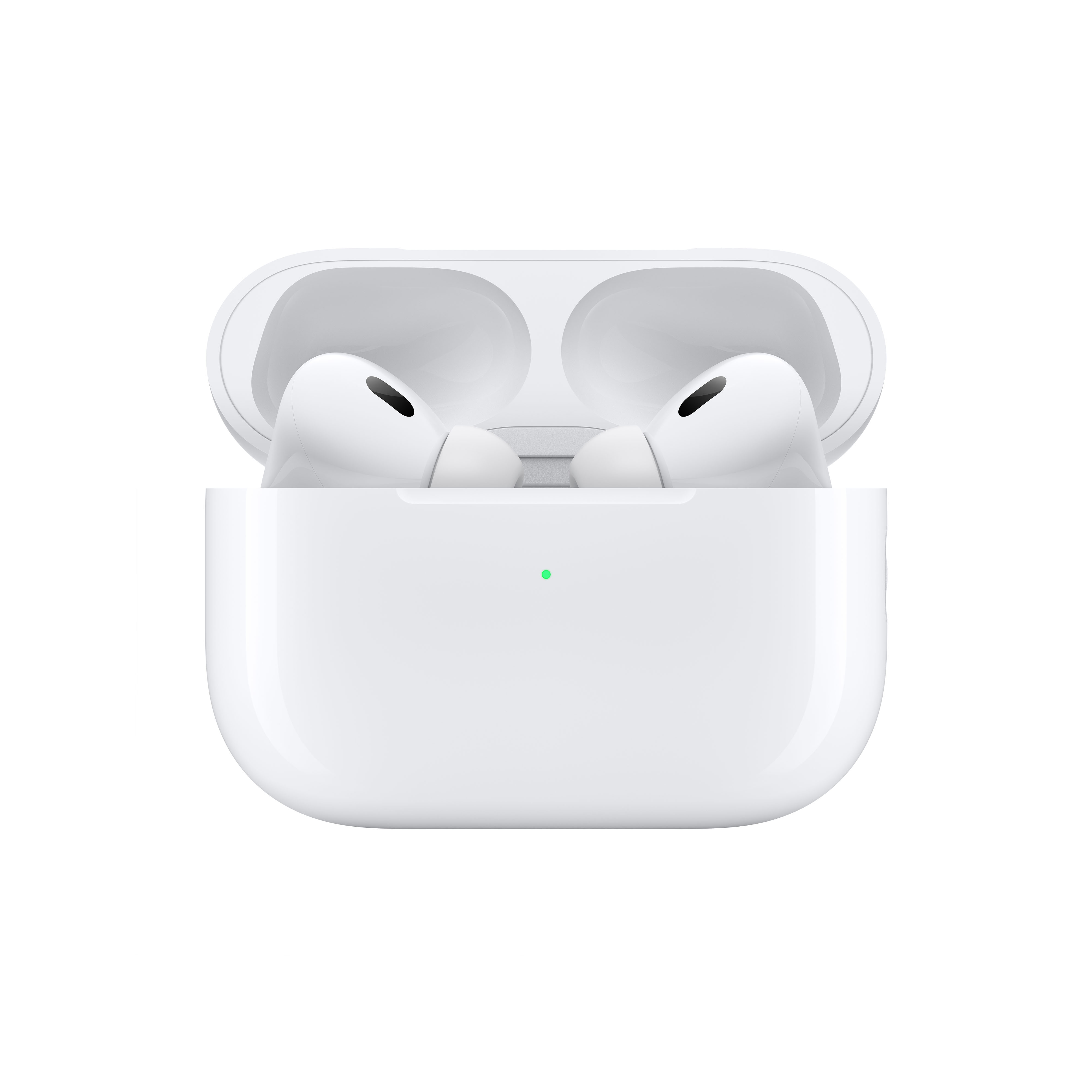 Weißes AirPods Pro-Etui geöffnet, mit den Ohrhörern darin, grünes Licht sichtbar.
