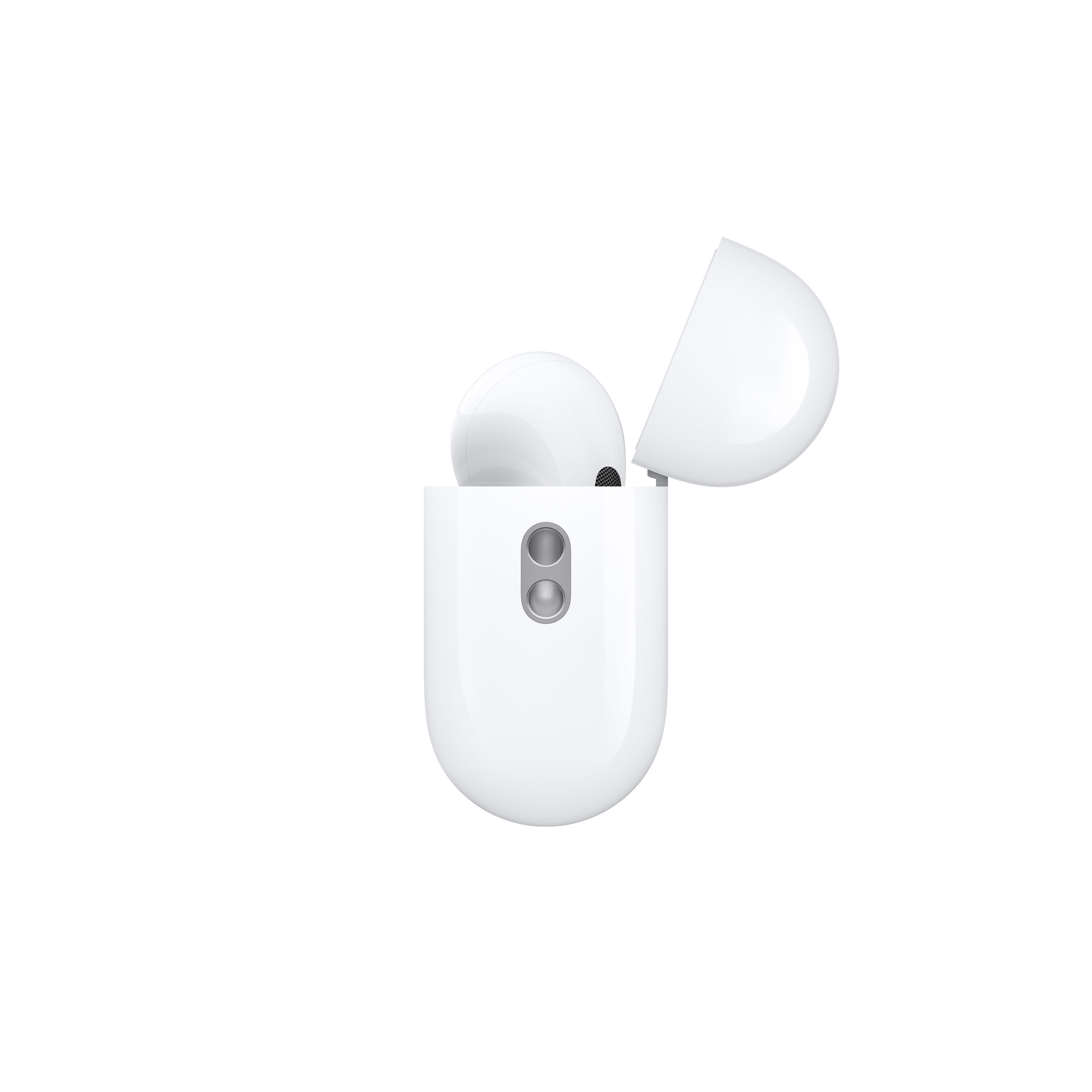 Weiße AirPods Pro in ihrem Etui. Das Etui ist geöffnet und zeigt die Ohrhörer.