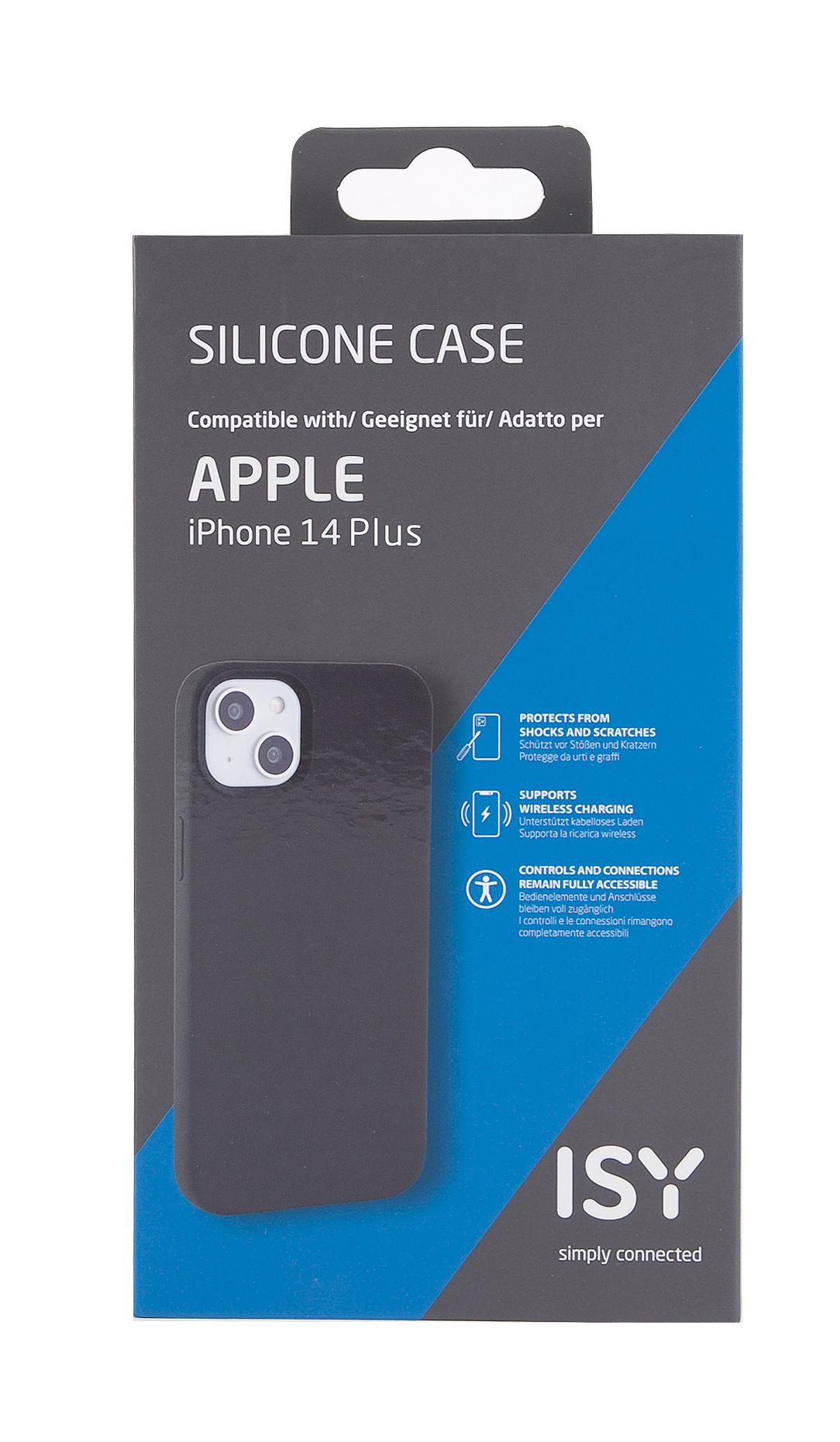 iPhone 14 Plus Silikonhülle Verpackung mit Produktdetails und Bildern, auf weißem Hintergrund.