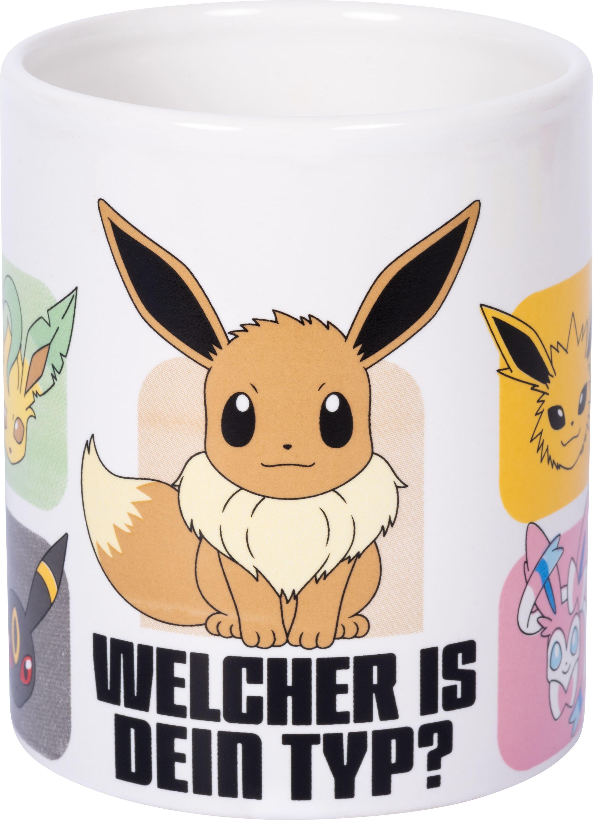 Tazza con Eevee e testo, con diversi personaggi dei Pokemon.