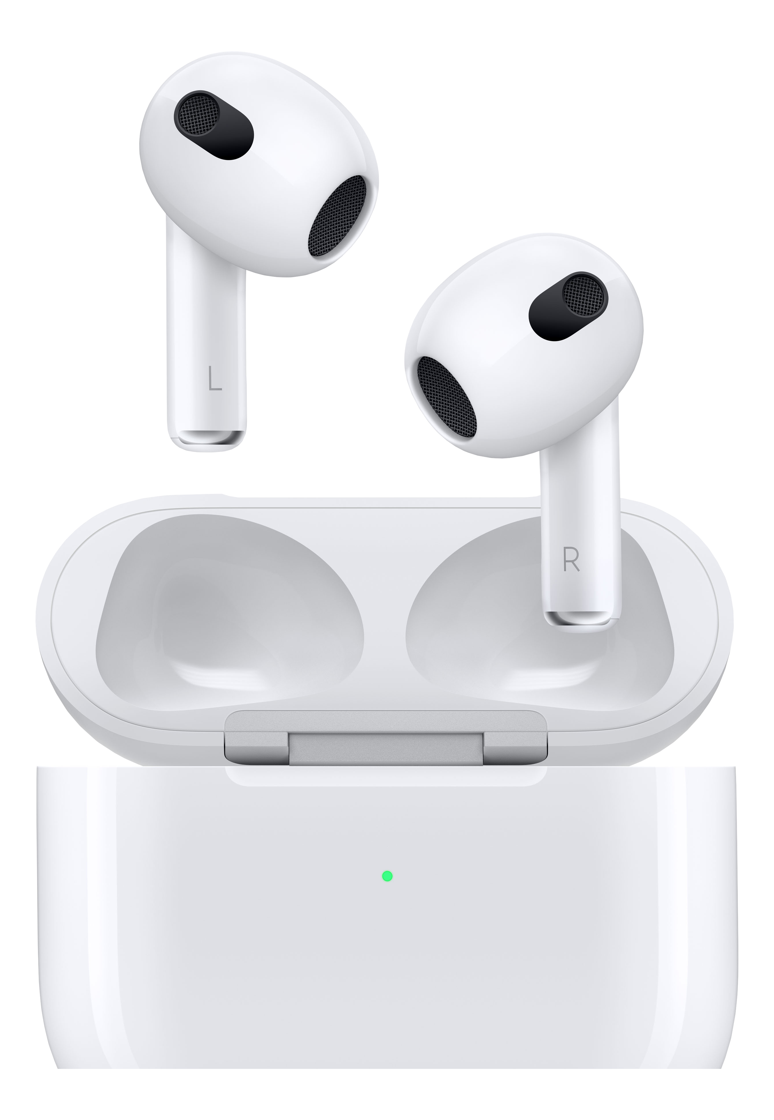 Weiße Apple AirPods und Ladecase. AirPods sind im Case oder getrennt. Schwarzer Hintergrund.
