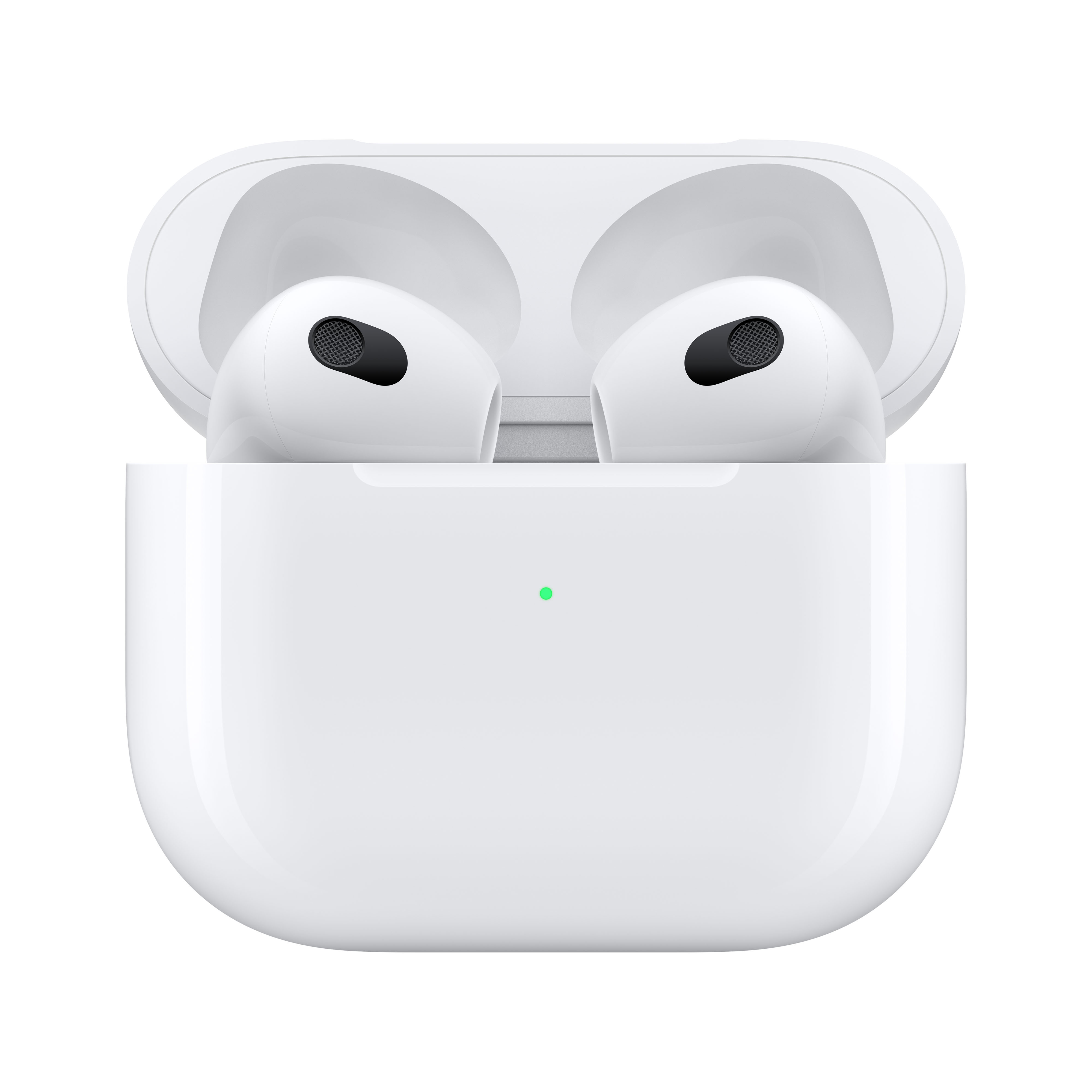Weiße AirPods Pro mit offenem Etui. Zwei Ohrhörer sichtbar, Etui hat ein grünes Licht. Isoliert auf weißem Hintergrund.