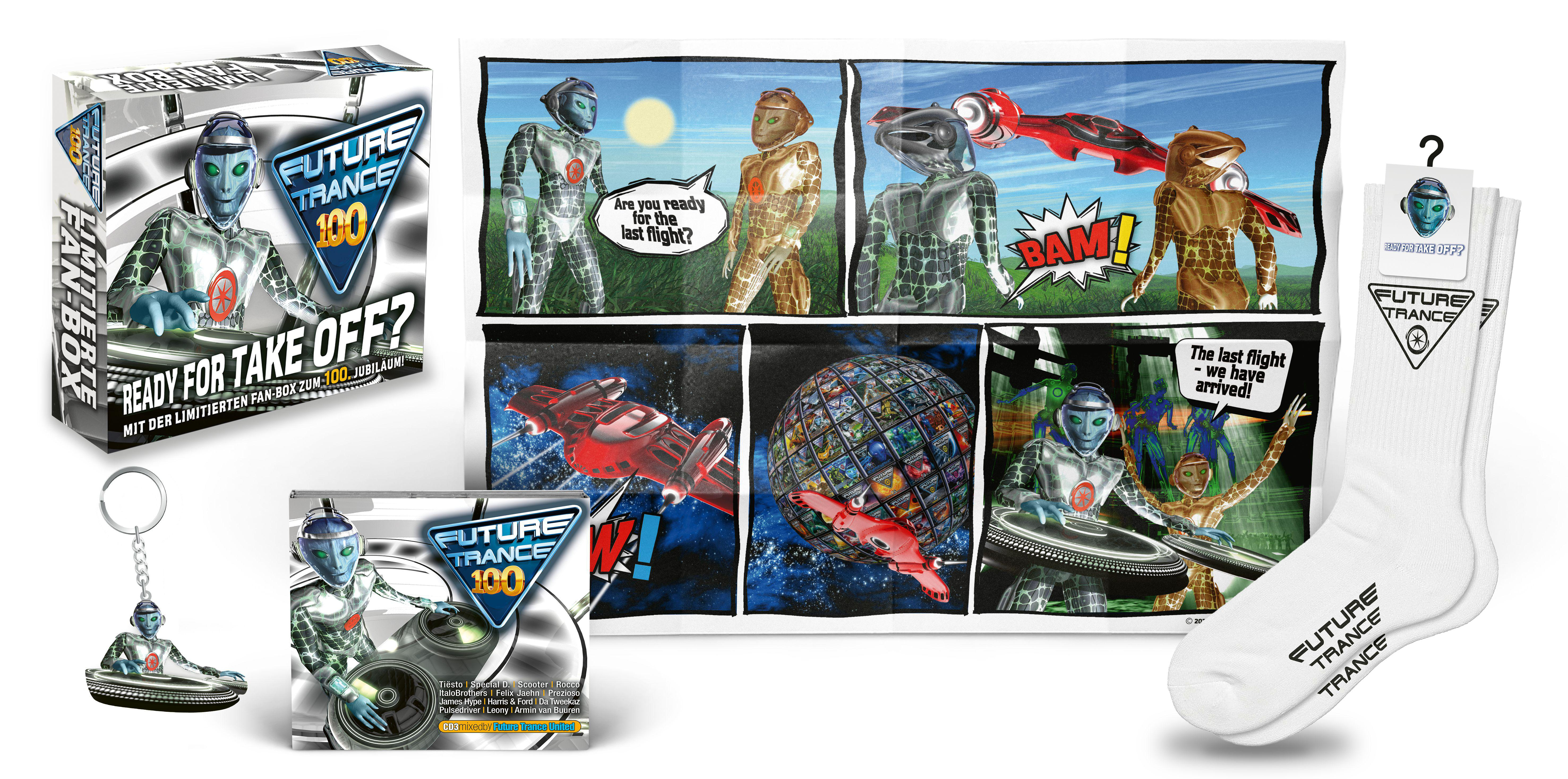 Comic-artige Future Trance-Bilder mit Spielzeug, Schlüsselanhänger und Socken.