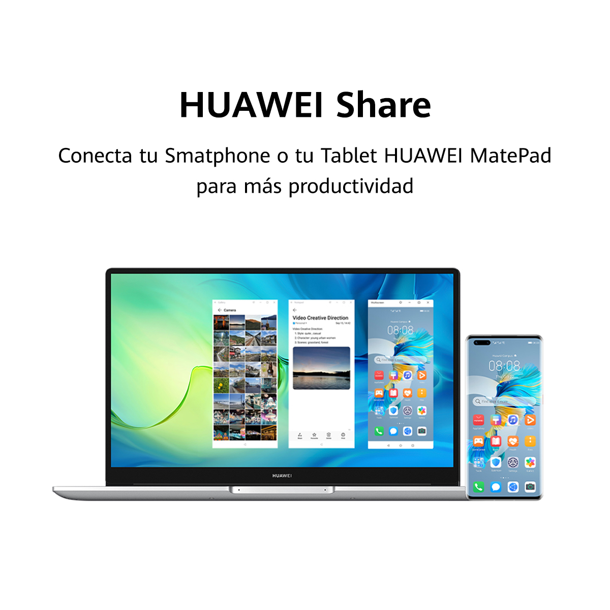 Pantalla de Huawei Share muestra una laptop y una pantalla de teléfono.