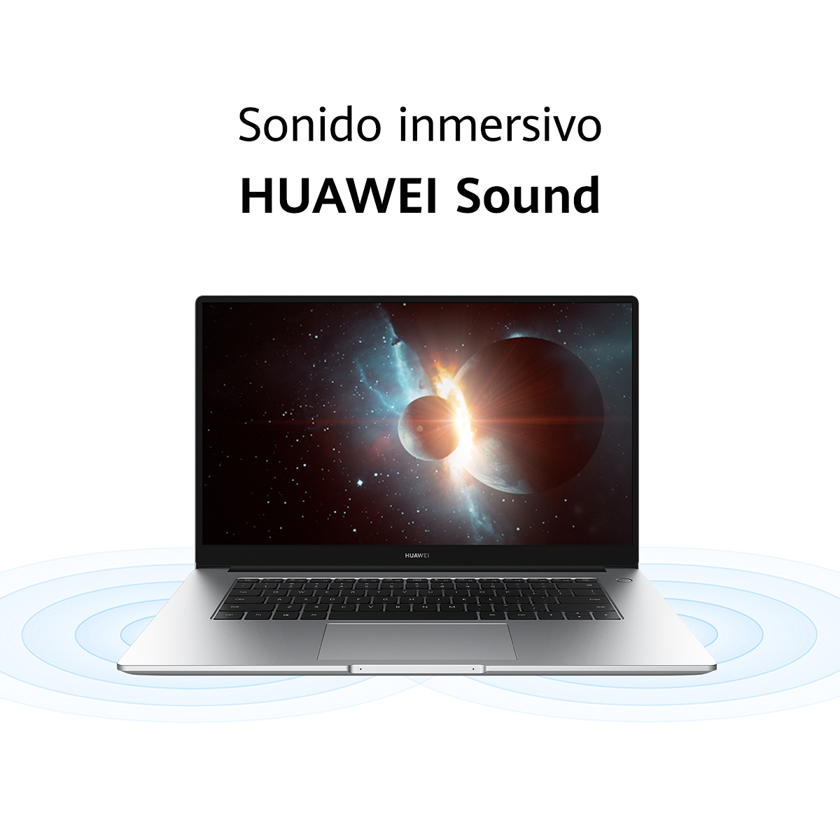 Un portátil que muestra una escena espacial con las palabras 'HUAWEI Sound' y ondas de sonido.