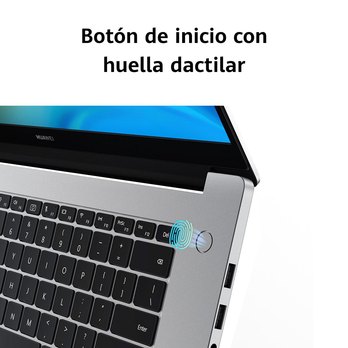 Un teclado de portátil con un sensor de huellas dactilares cerca del botón de encendido.