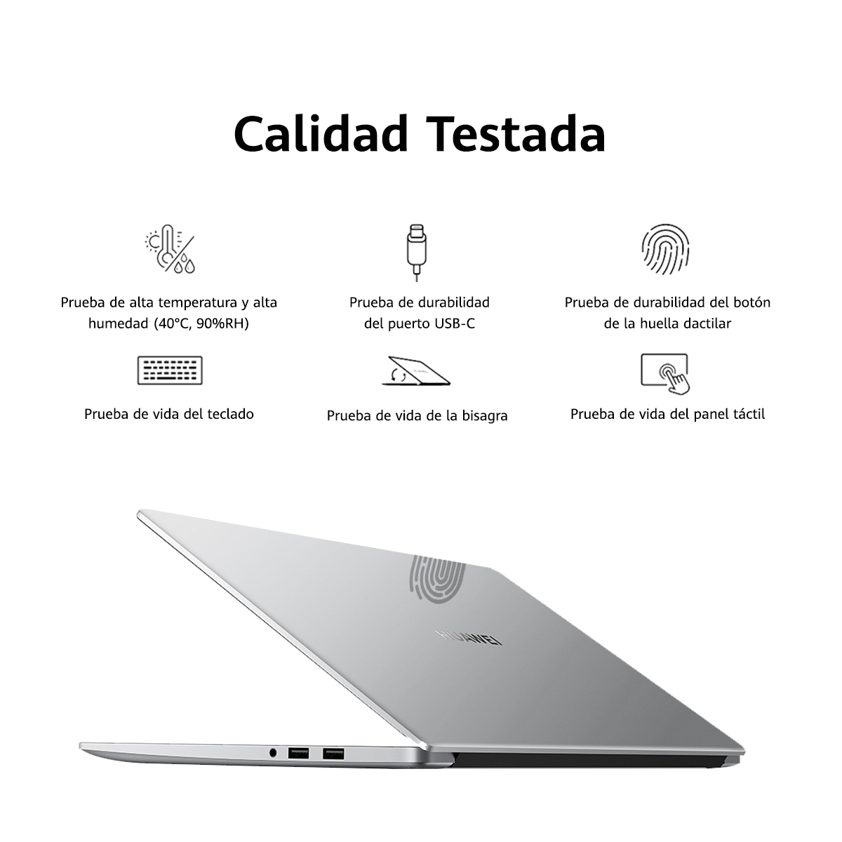 Un portátil plateado con detalles sobre pruebas, con iconos de prueba sobre fondo blanco.