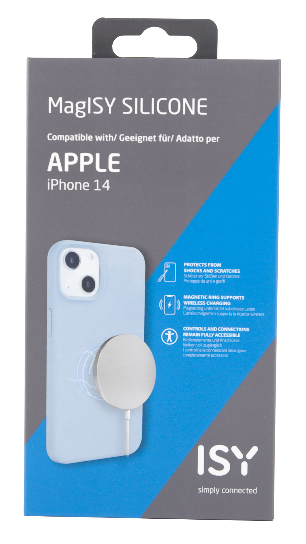 iPhone 14-Hüllenverpackung. Zeigt die Hülle, das kompatible Telefonmodell und die Funktionen der Hülle.